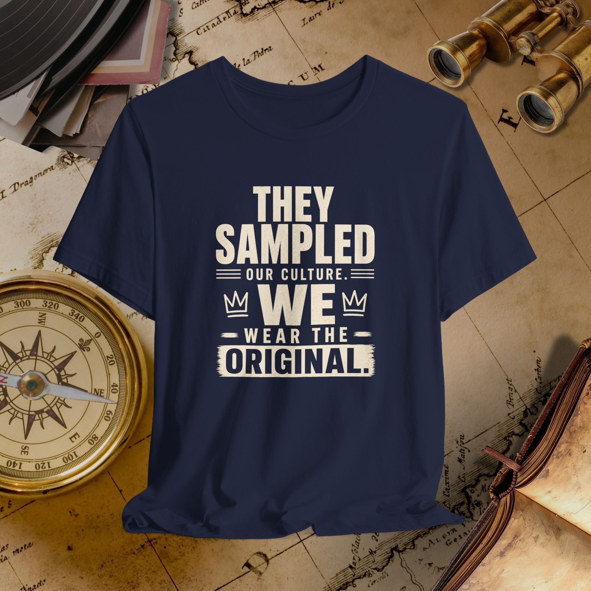 Navy blue t-shirt with white text on a vintage map background