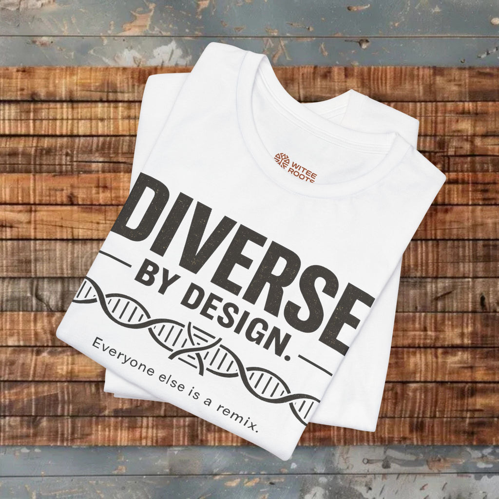 White t-shirt with 'Diverse by Design' text on a wooden surface