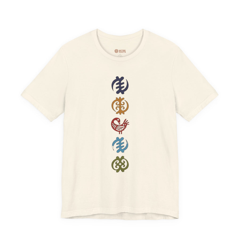 Beige t-shirt with colorful graphic design on a white background
