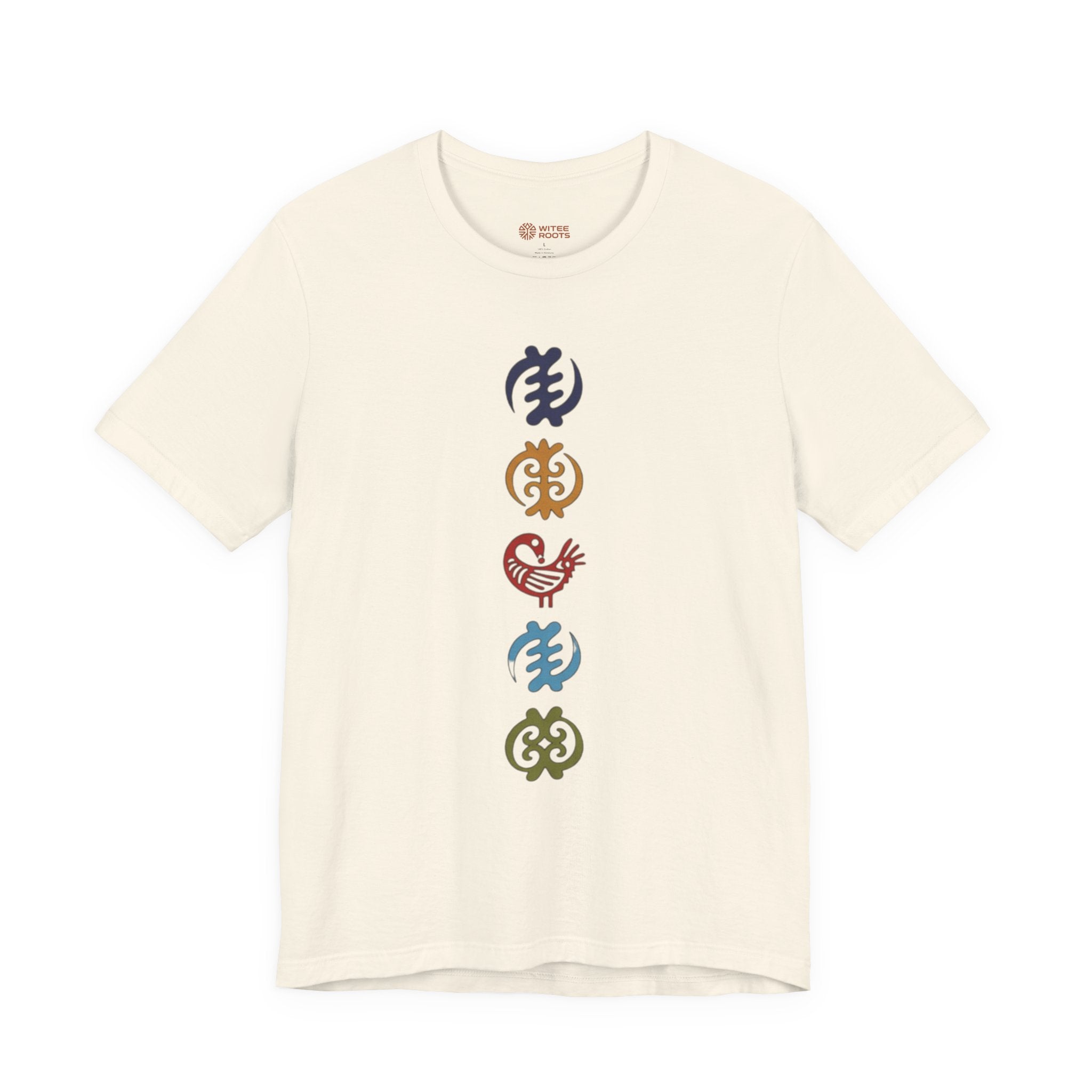 Beige t-shirt with colorful graphic design on a white background