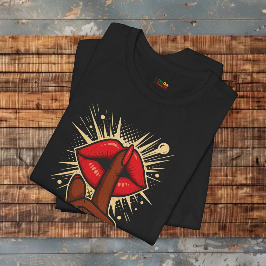 Black t-shirt with a graphic design of red lips and a hand on a wooden surface