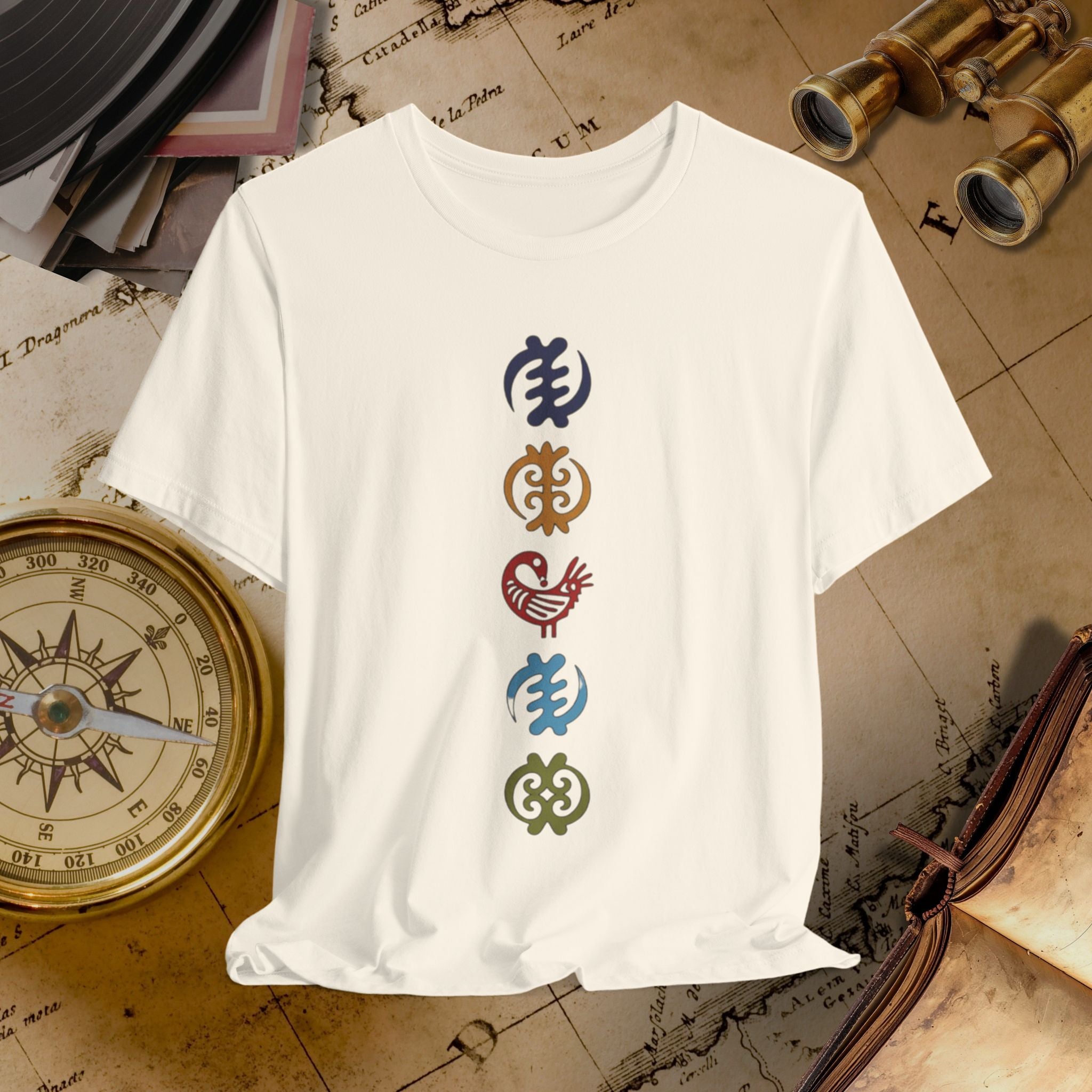 Sand t-shirt with colorful symbols on a vintage map background