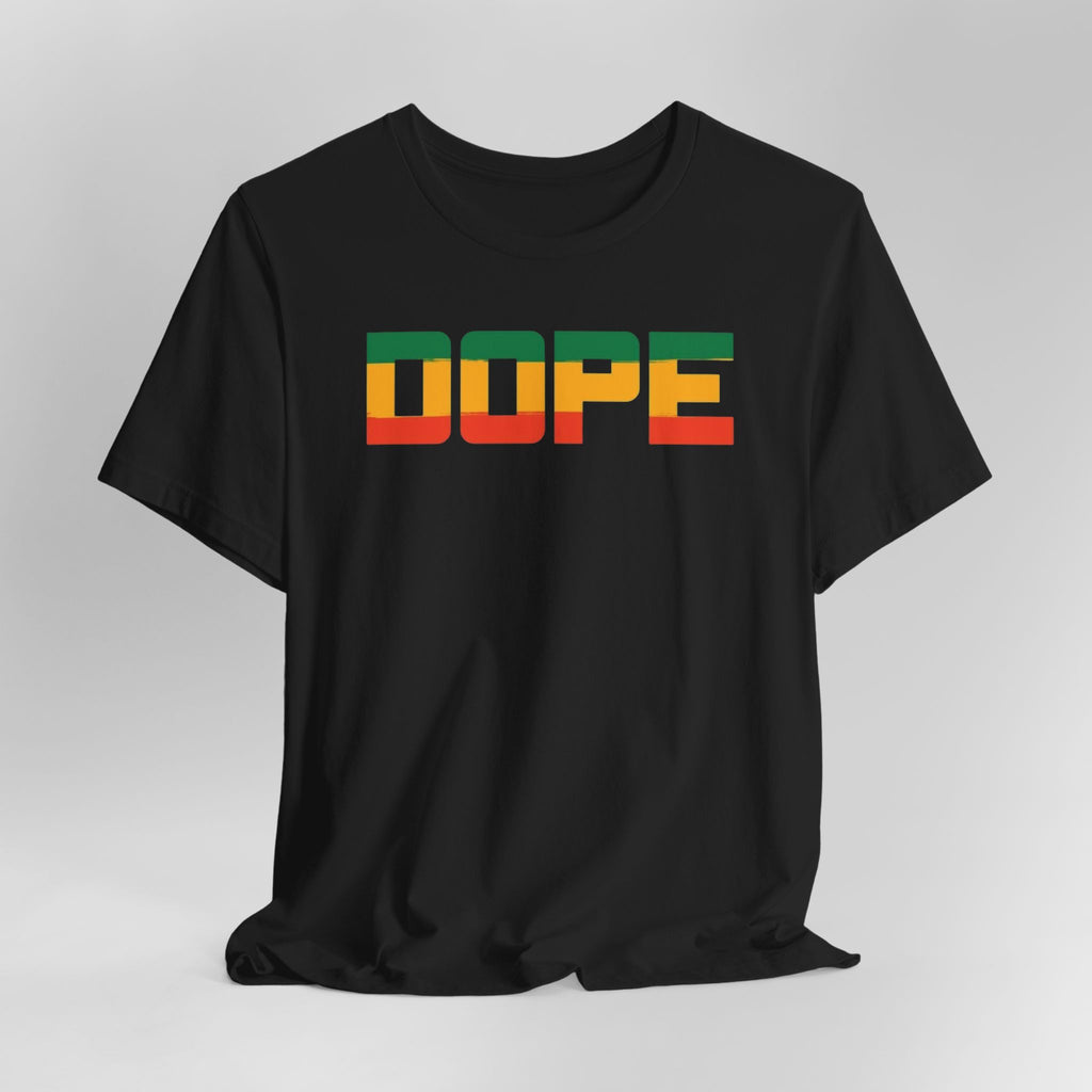 Black t-shirt with 'DOPE' in colorful letters on a gray background