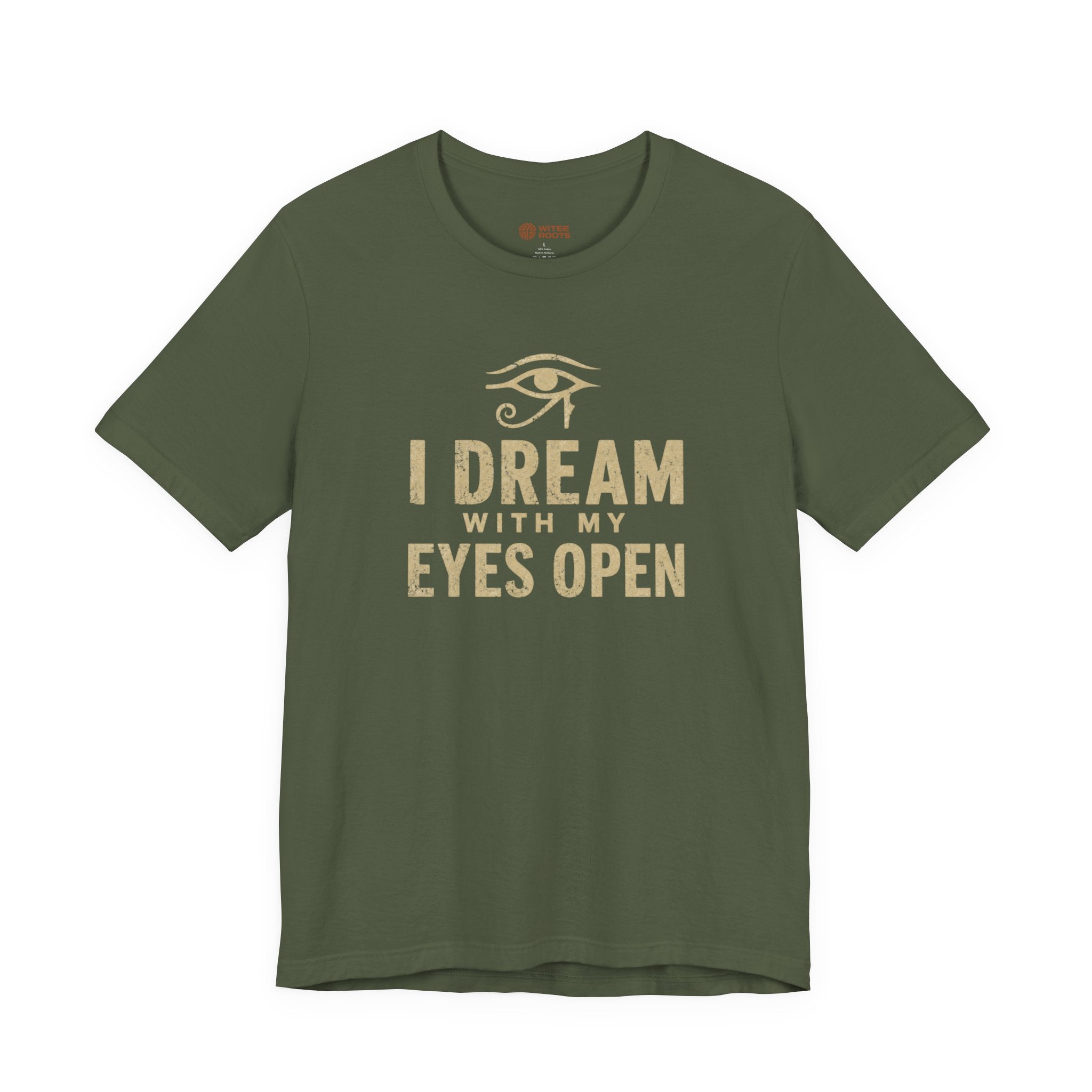 Green t-shirt with 'I Dream with My Eyes Open' text and eye symbol on a white background
