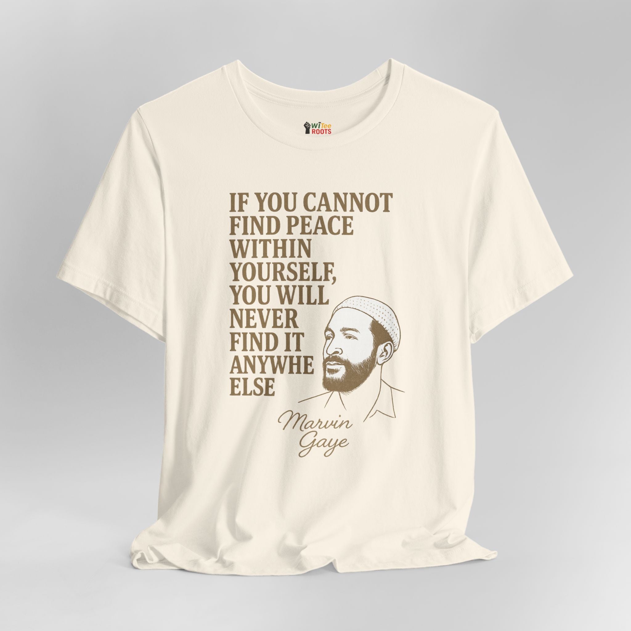 Beige t-shirt with Marvin Gaye quote and portrait on a gray background