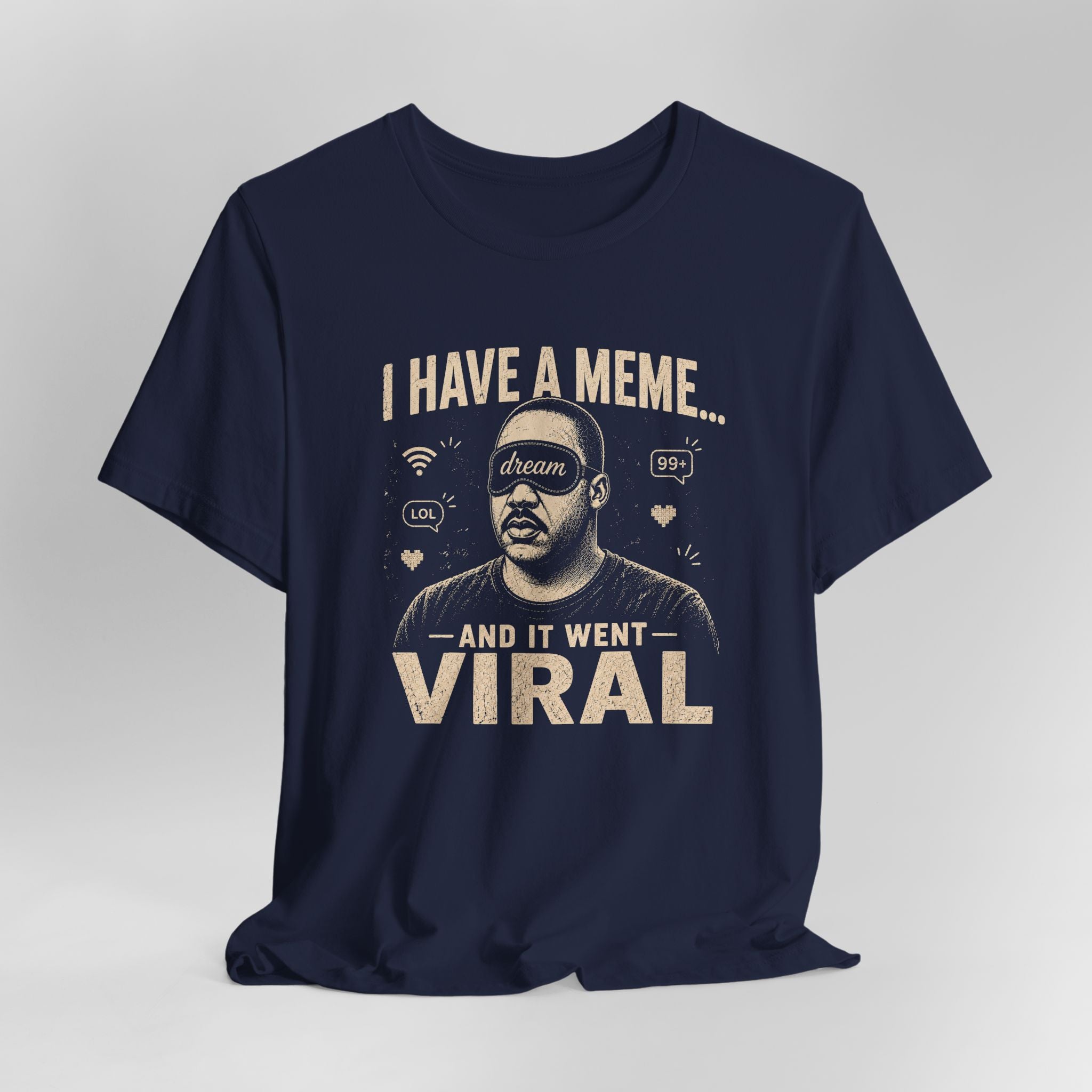 Navy blue t-shirt with graphic design and text on a light gray background
