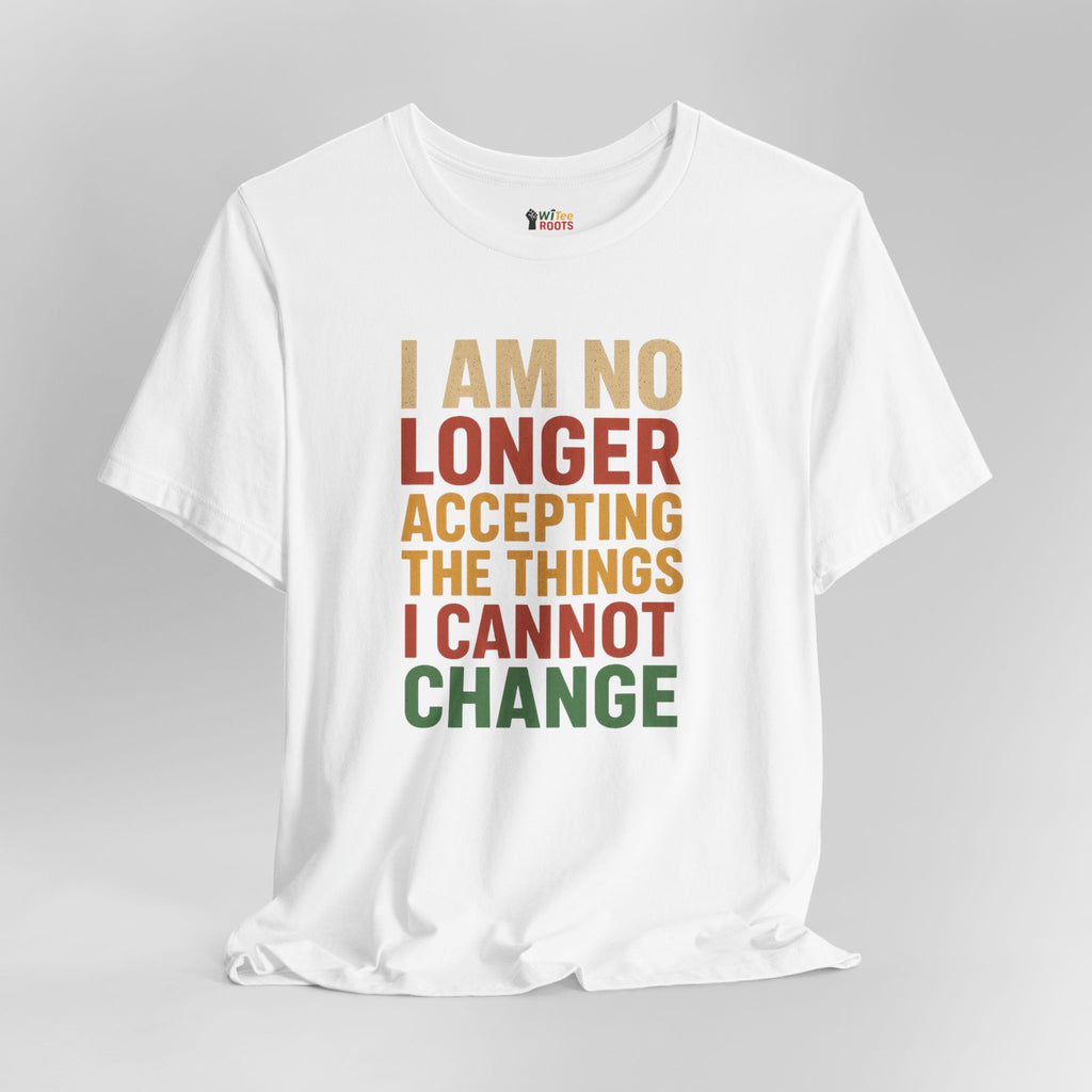 White t-shirt with motivational quote on a gray background