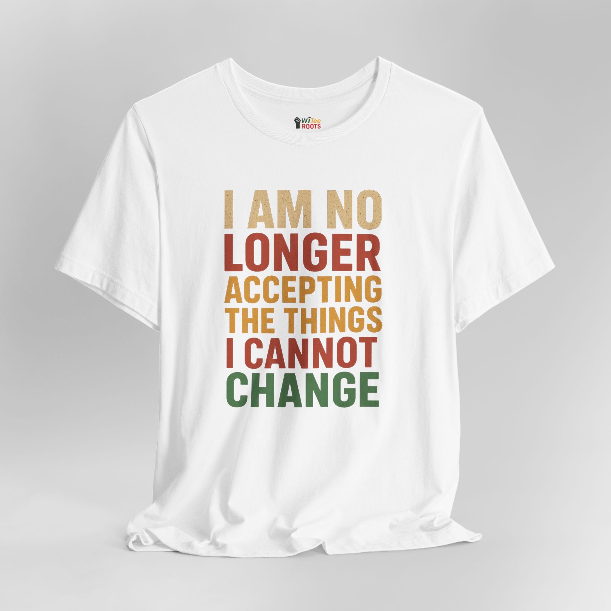 White t-shirt with motivational quote on a gray background