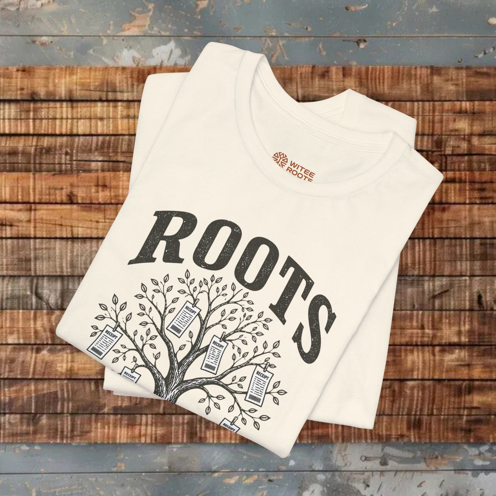 Two folded t-shirts with 'ROOTS' design on a wooden surface