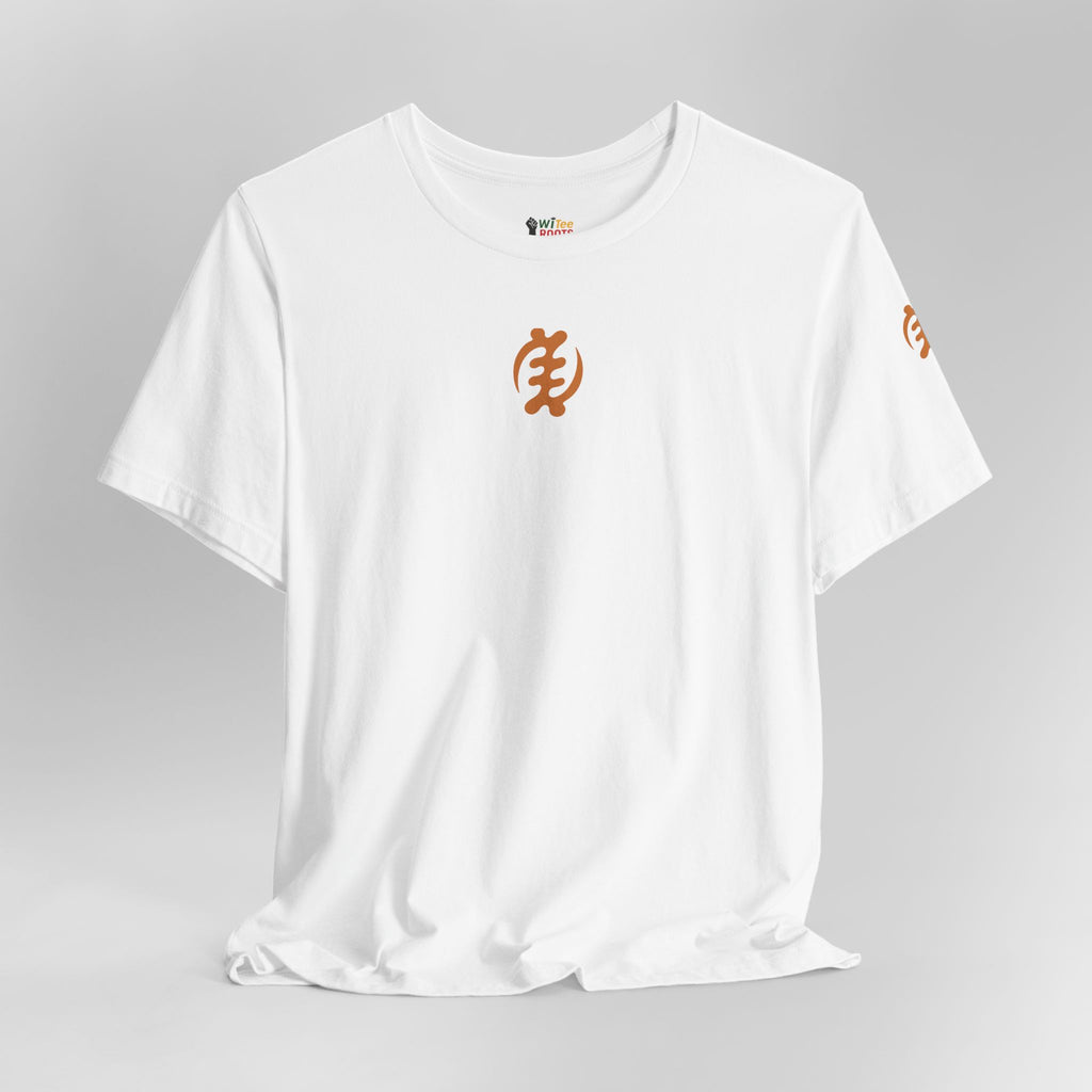 White t-shirt with orange logo on a gray background