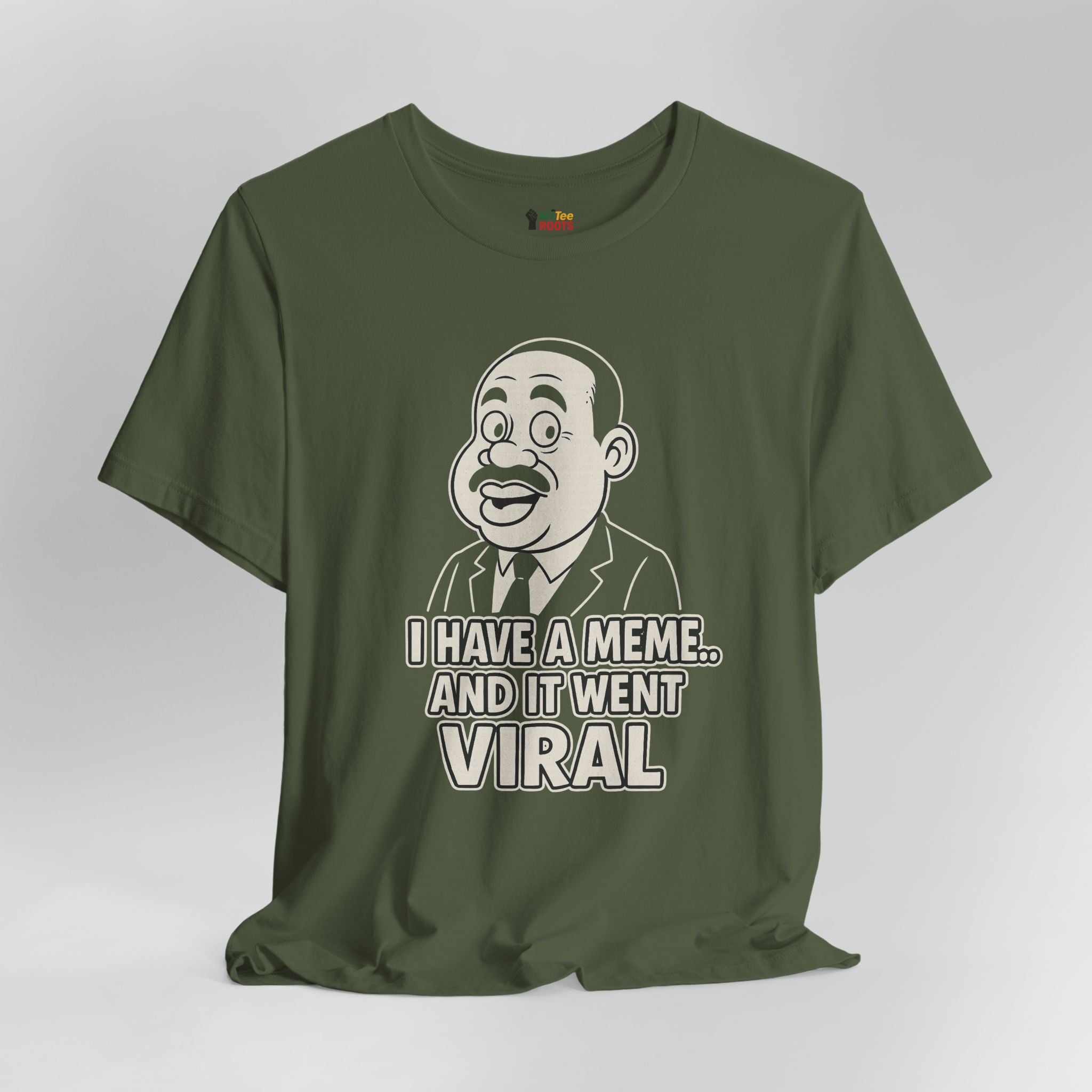 Green t-shirt with a graphic and text on a gray background