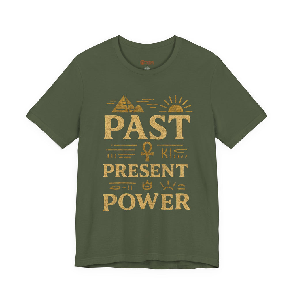 Green t-shirt with gold text and graphics on a white background