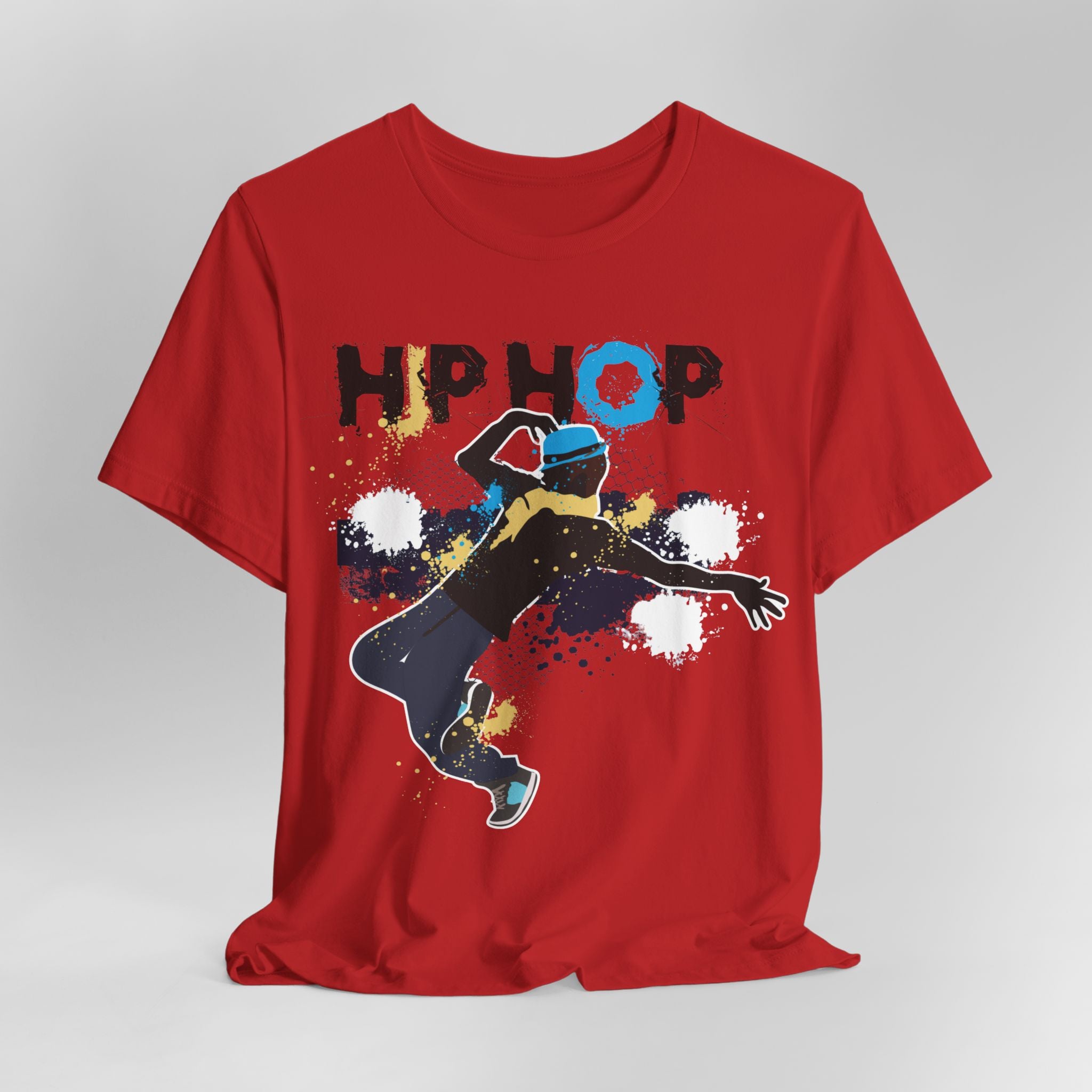 Red t-shirt with a graphic of a dancer and 'HIP HOP' text on a gray background