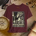 Maroon t-shirt with a graphic design of a queen and text 'Queens Reign' on a vintage map background.
