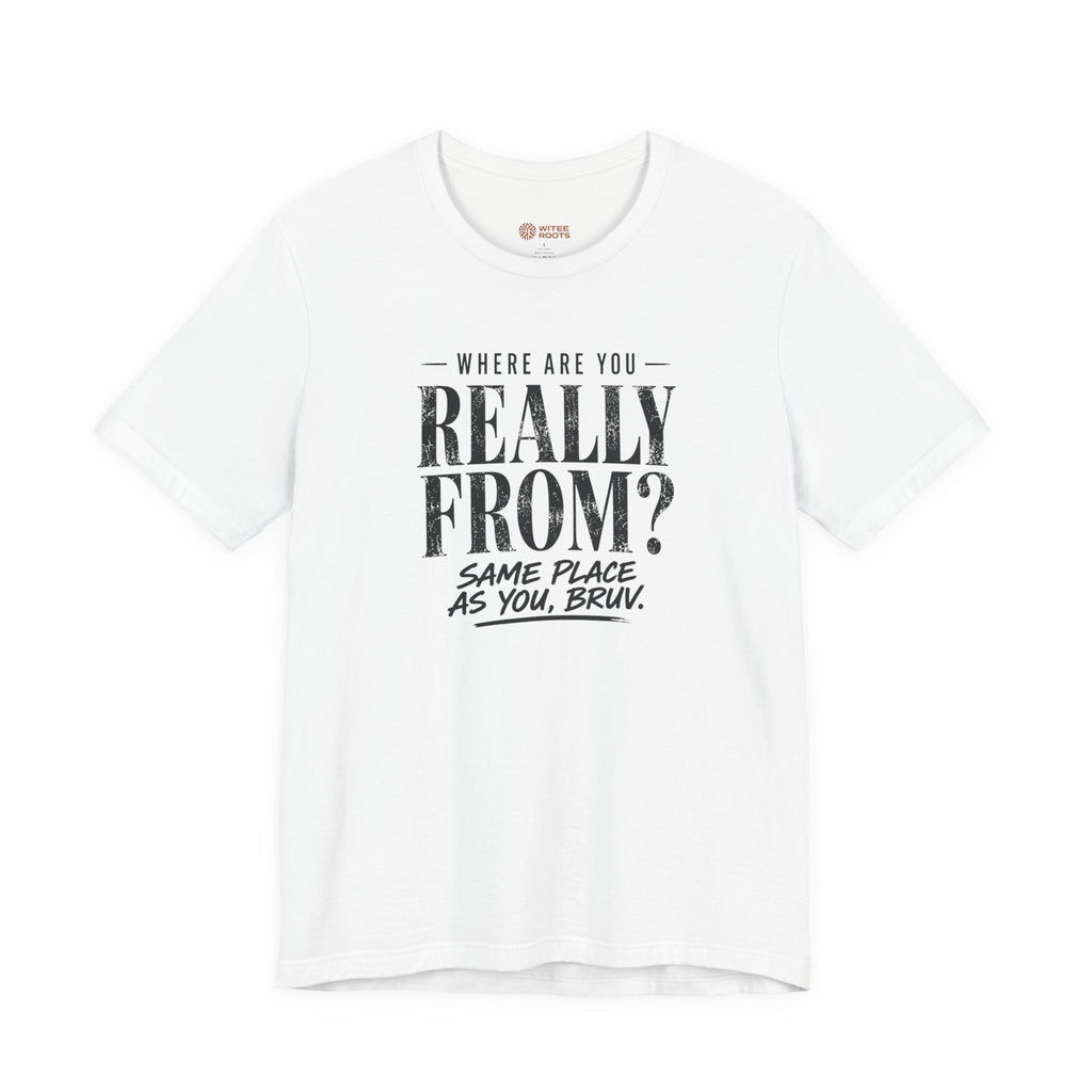 White t-shirt with a blue cartoon character on a white background