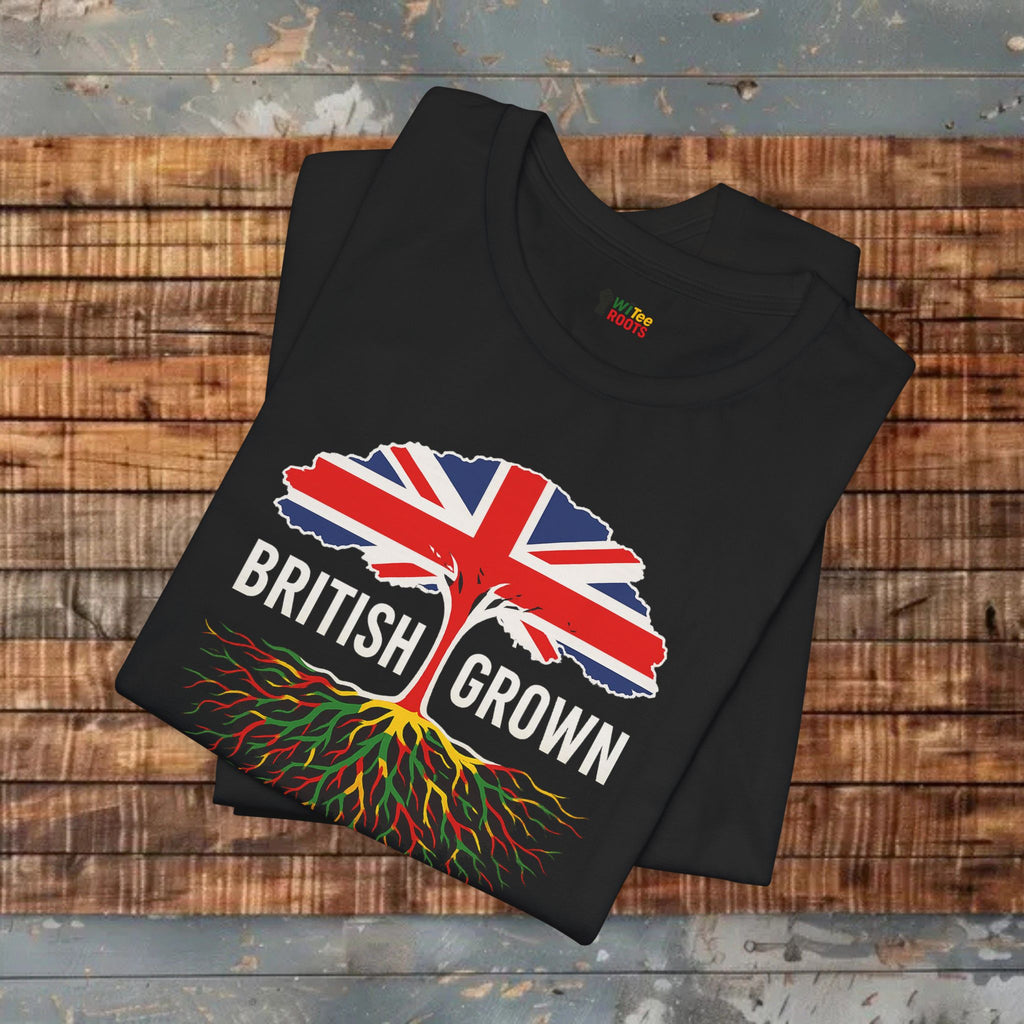 Black t-shirt with British flag and 'British Grown' text on a wooden surface