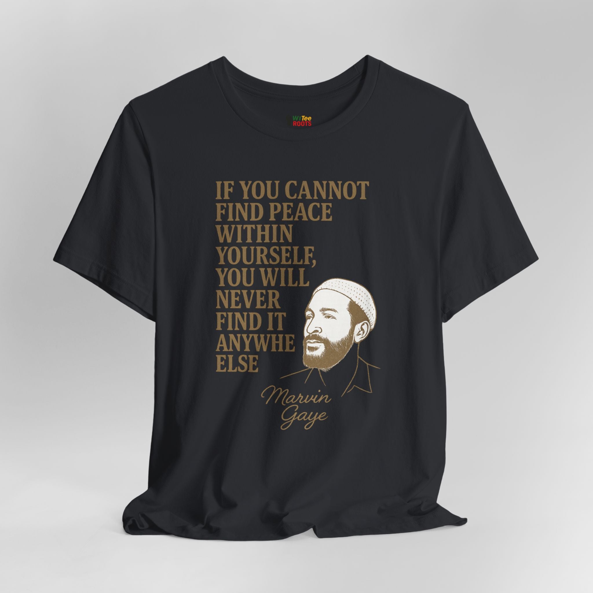 Black t-shirt with gold text and a portrait of Marvin Gaye on a gray background