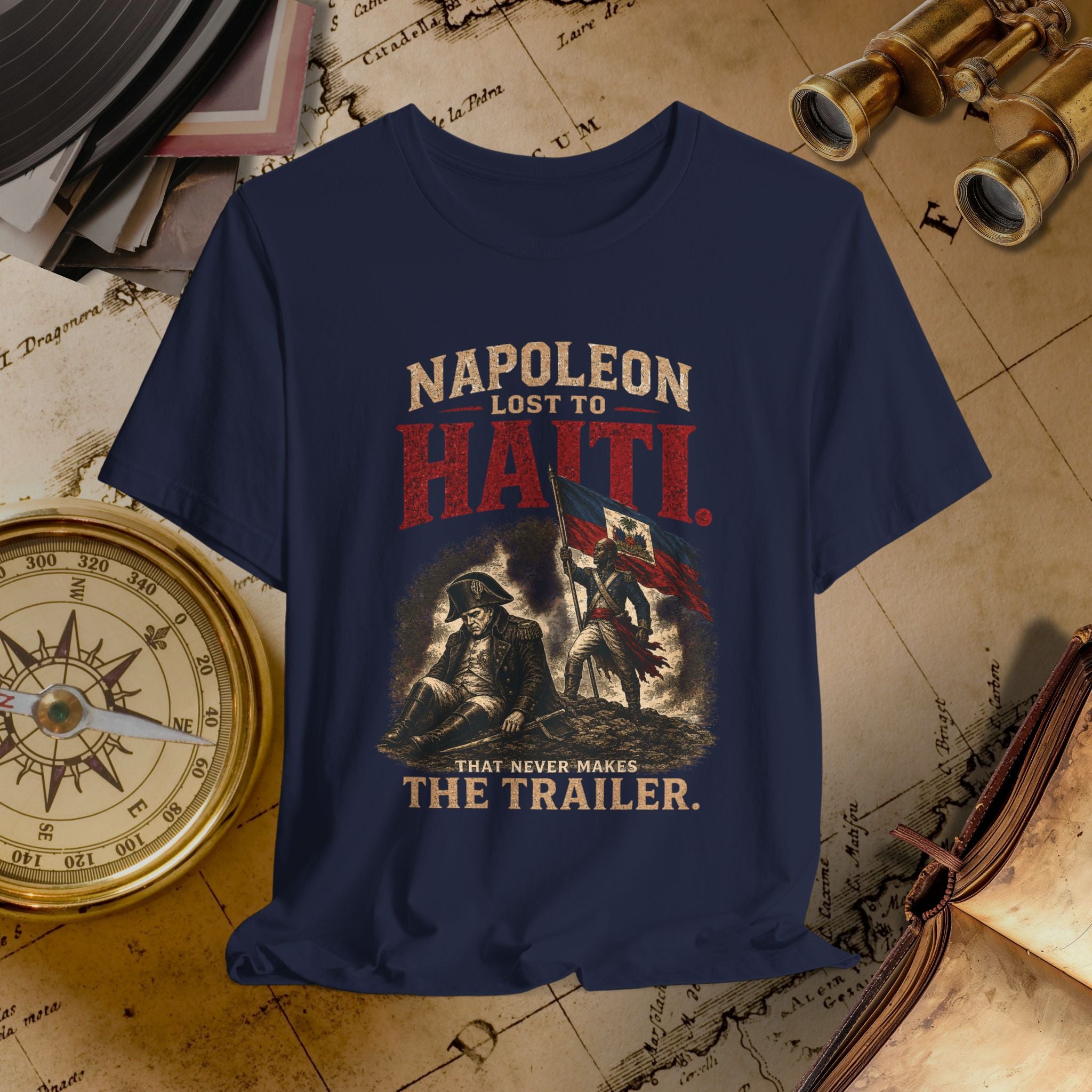 Navy blue t-shirt with historical graphic and text on a vintage map background