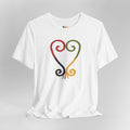 White t-shirt with colorful abstract design on a gray background