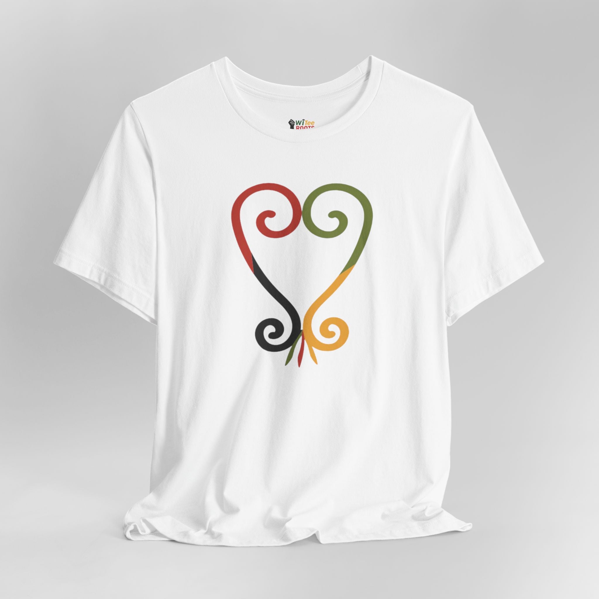 White t-shirt with colorful abstract design on a gray background