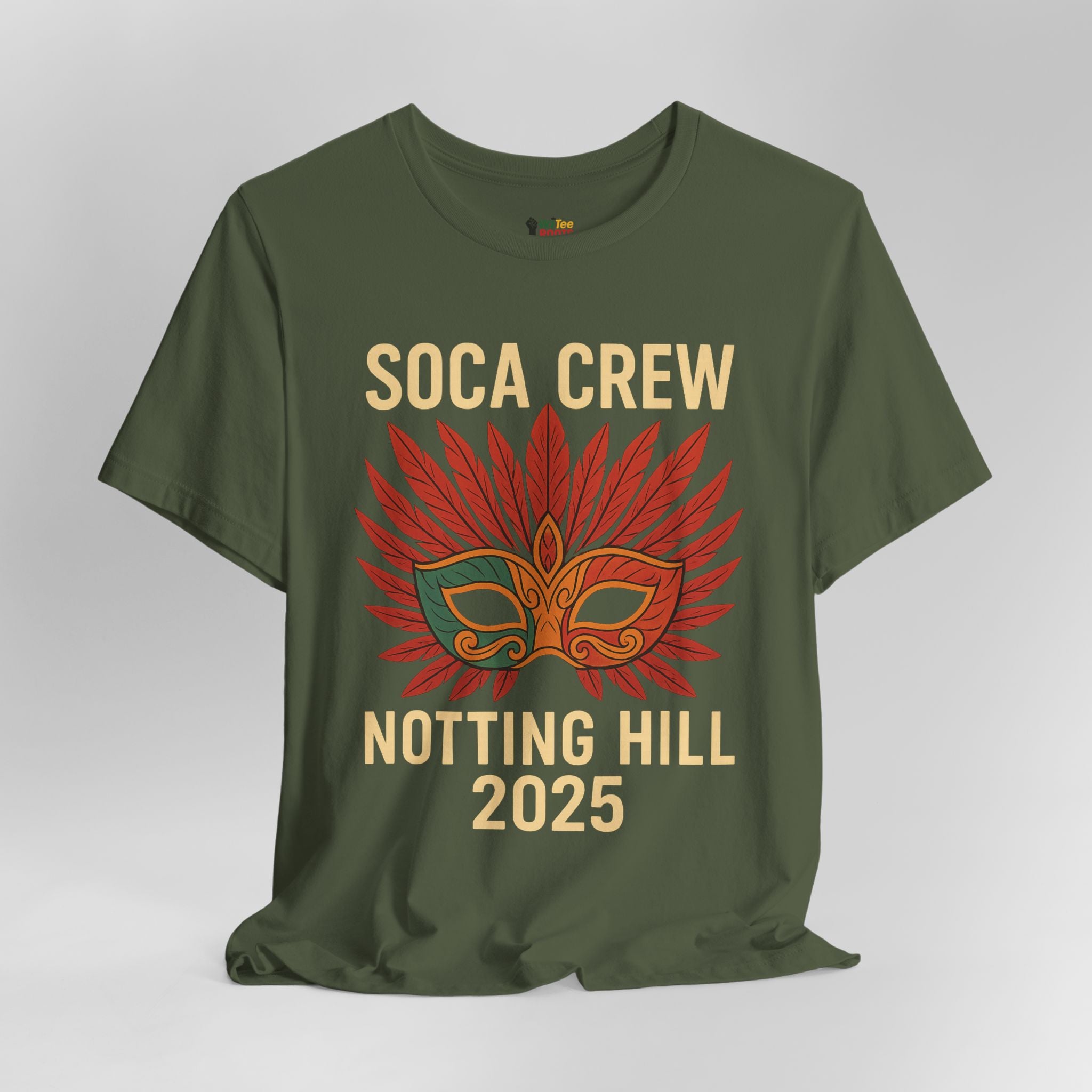 Green t-shirt with 'Soca Crew Notting Hill 2025' design on a gray background