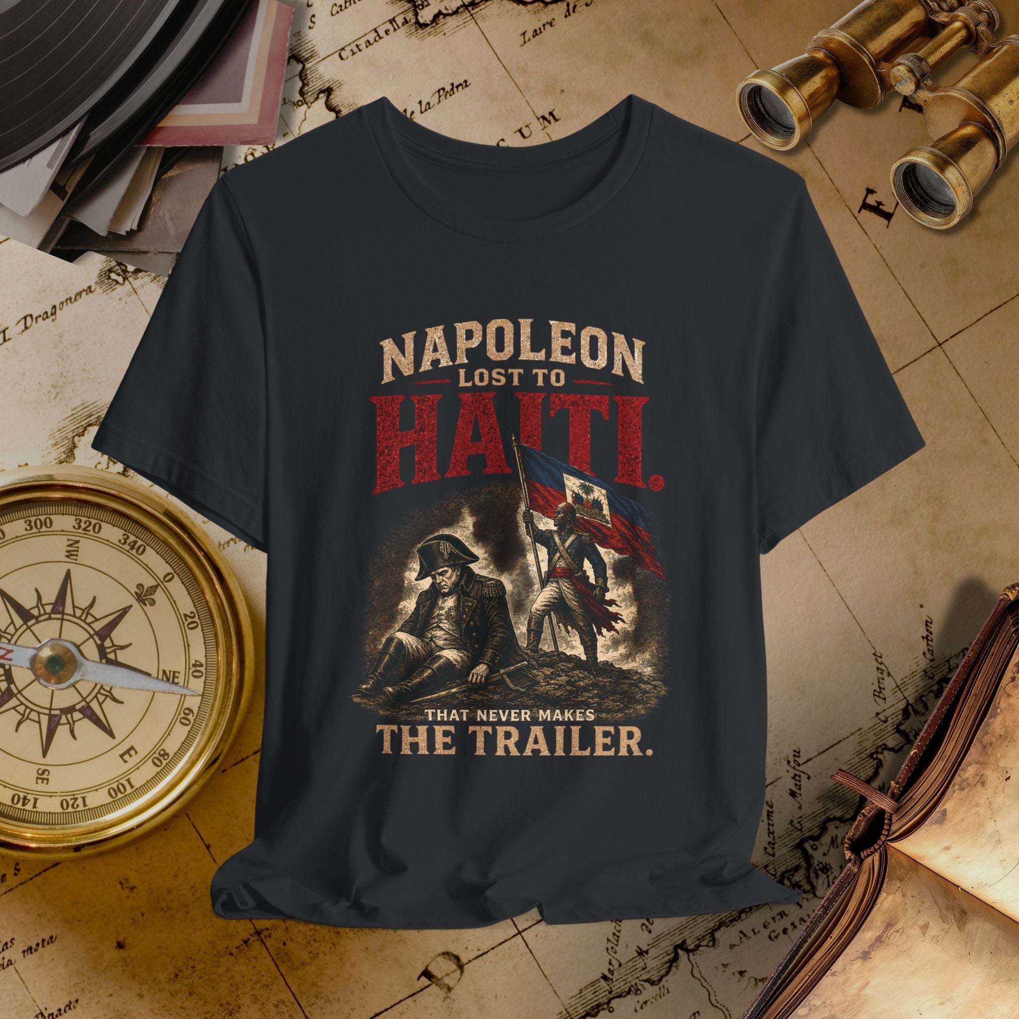 Black t-shirt with Napoleon graphic and text on a vintage map background