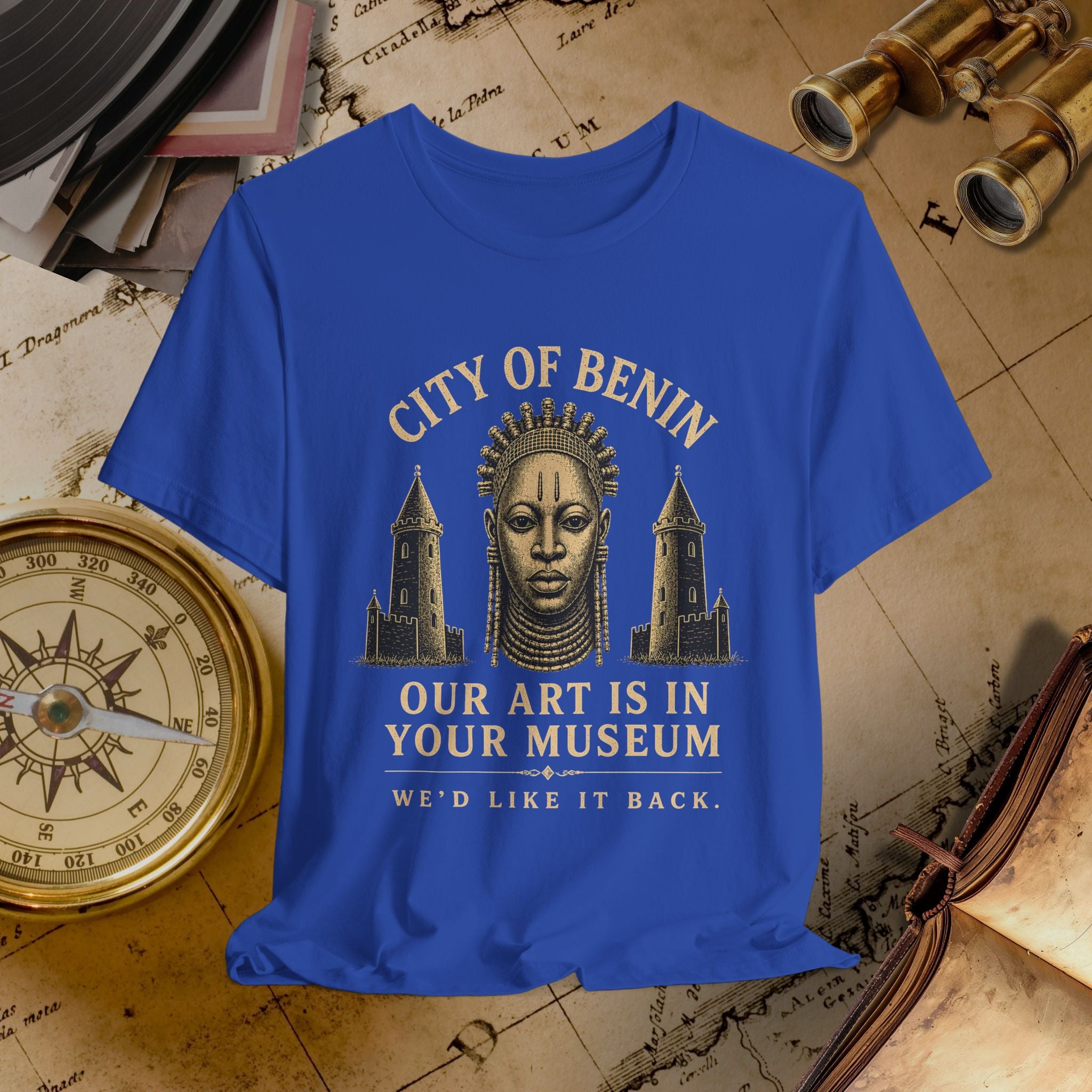 Blue t-shirt with 'City of Benin' design on a vintage map background
