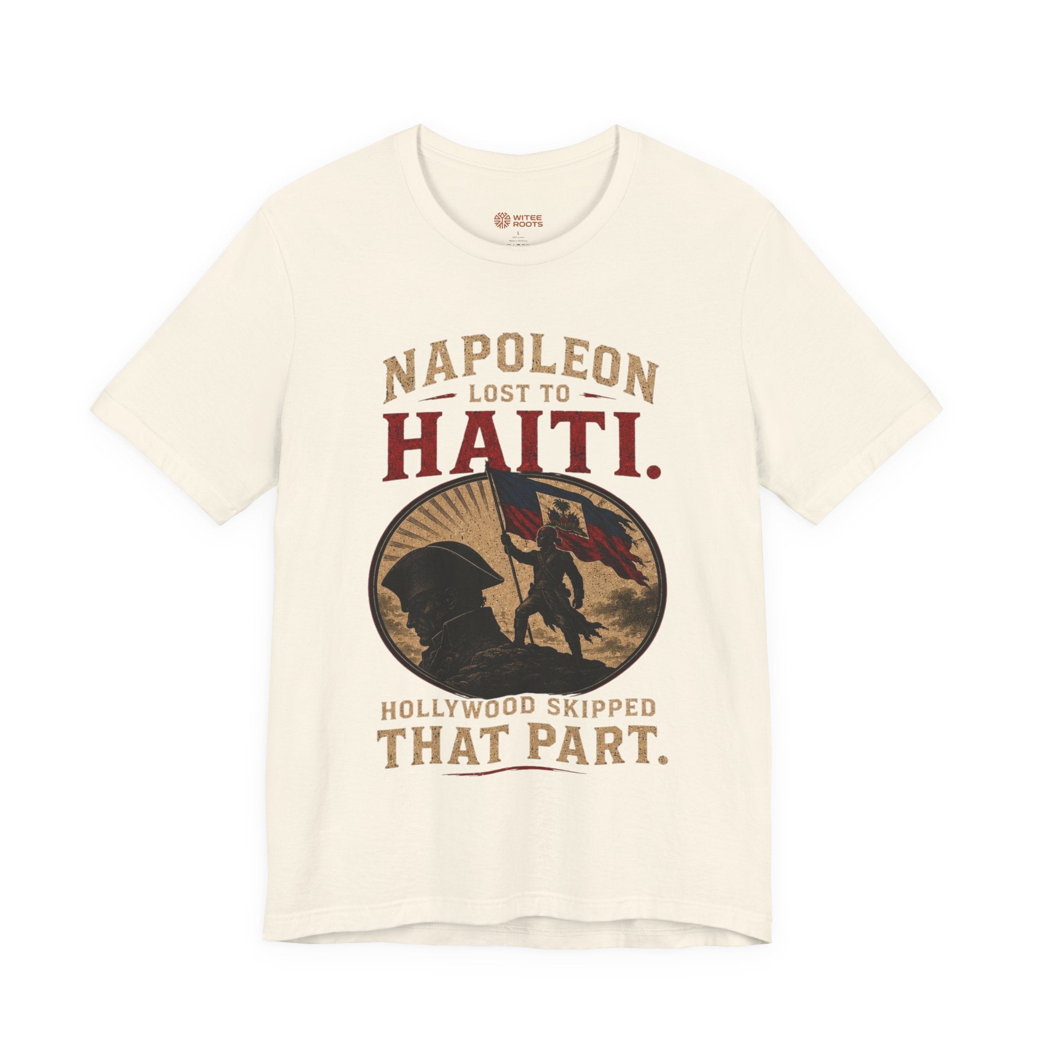 T-shirt with graphic design and text on a white background