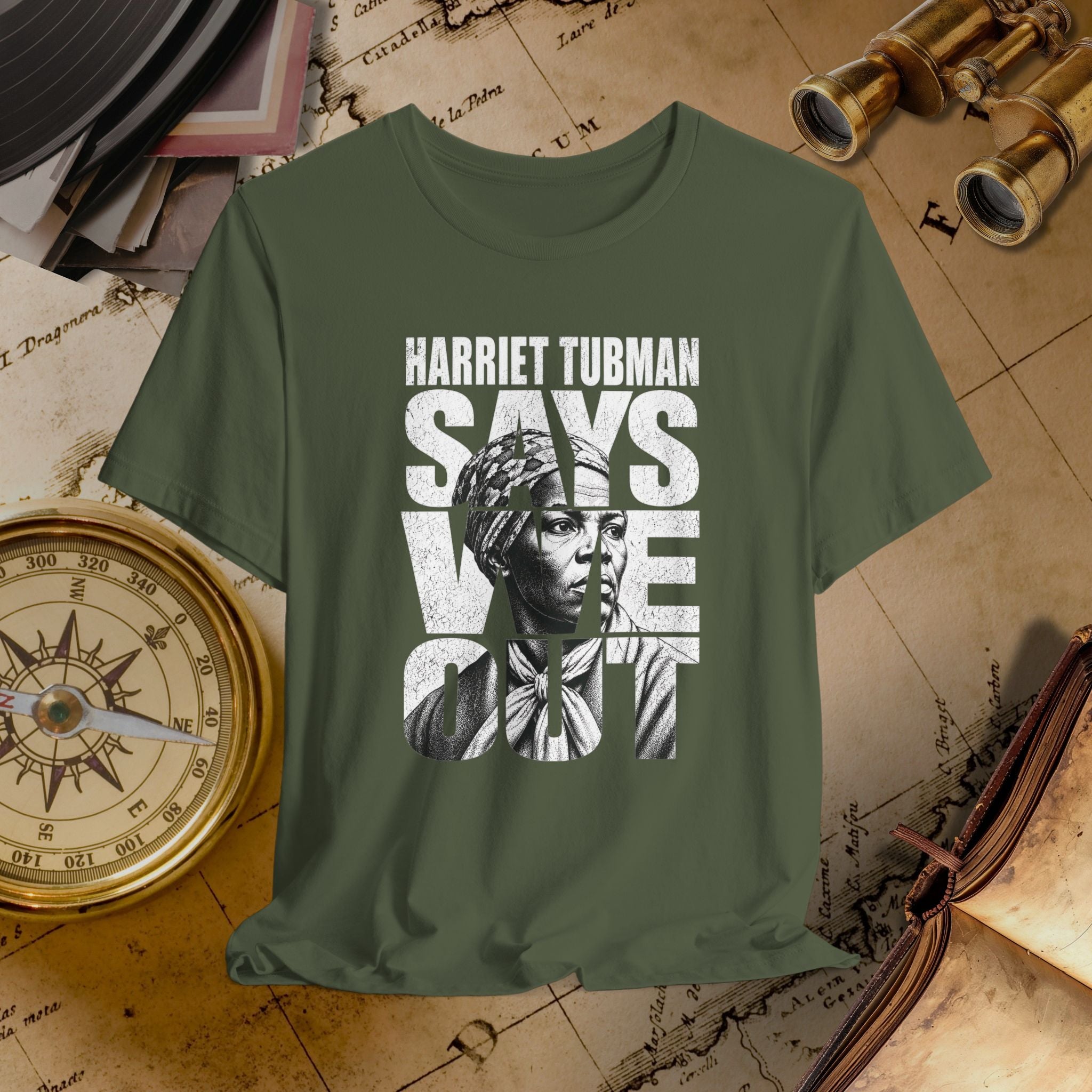 Green t-shirt with Harriet Tubman graphic and text on a vintage map background