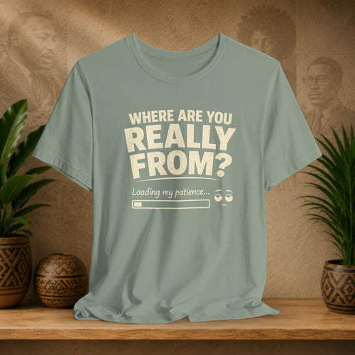 Green t-shirt with humorous text design on a wooden surface with plants and a vintage-style background.