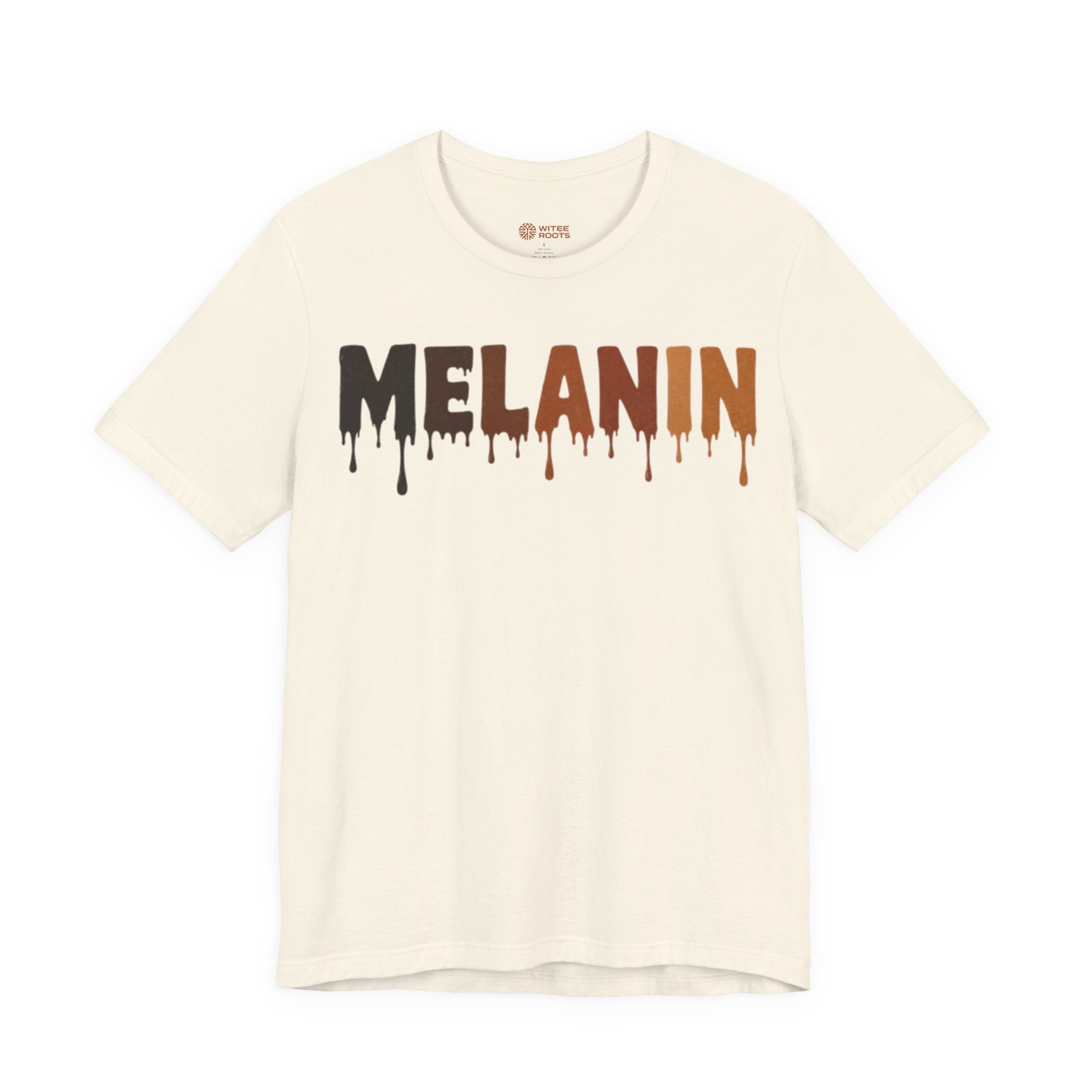 An off-white short-sleeve t-shirt with the word 'MELANIN' printed across the chest in a dripping paint style, transitioning from black to brown to orange. The brand name 'WITEE ROOTS' is visible on the inner neck label.