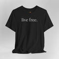 Black t-shirt with 'live free' text on a grey background.