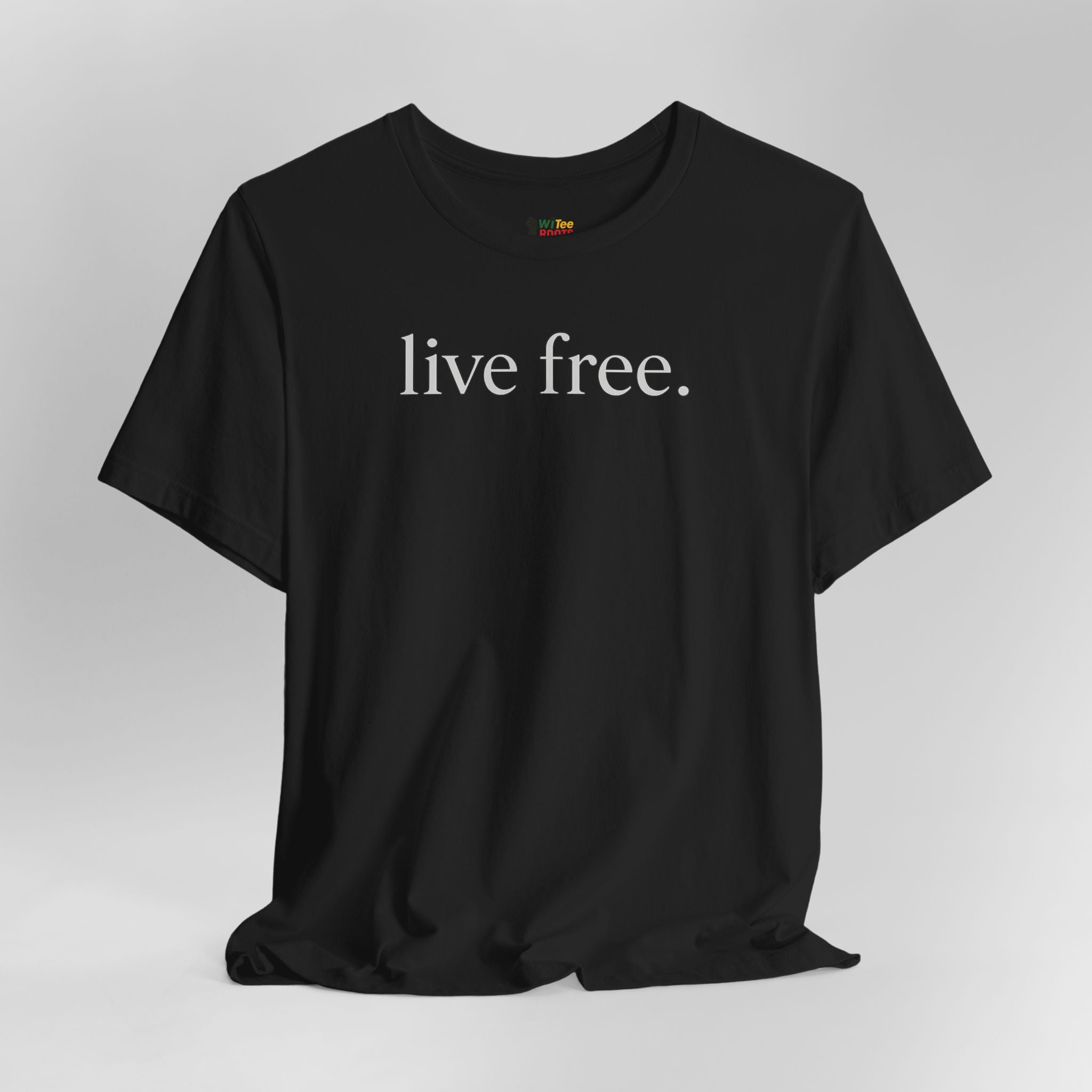 Black t-shirt with 'live free' text on a grey background.