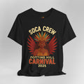 Black t-shirt with 'Soca Crew Notting Hill Carnival 2025' design on a gray background