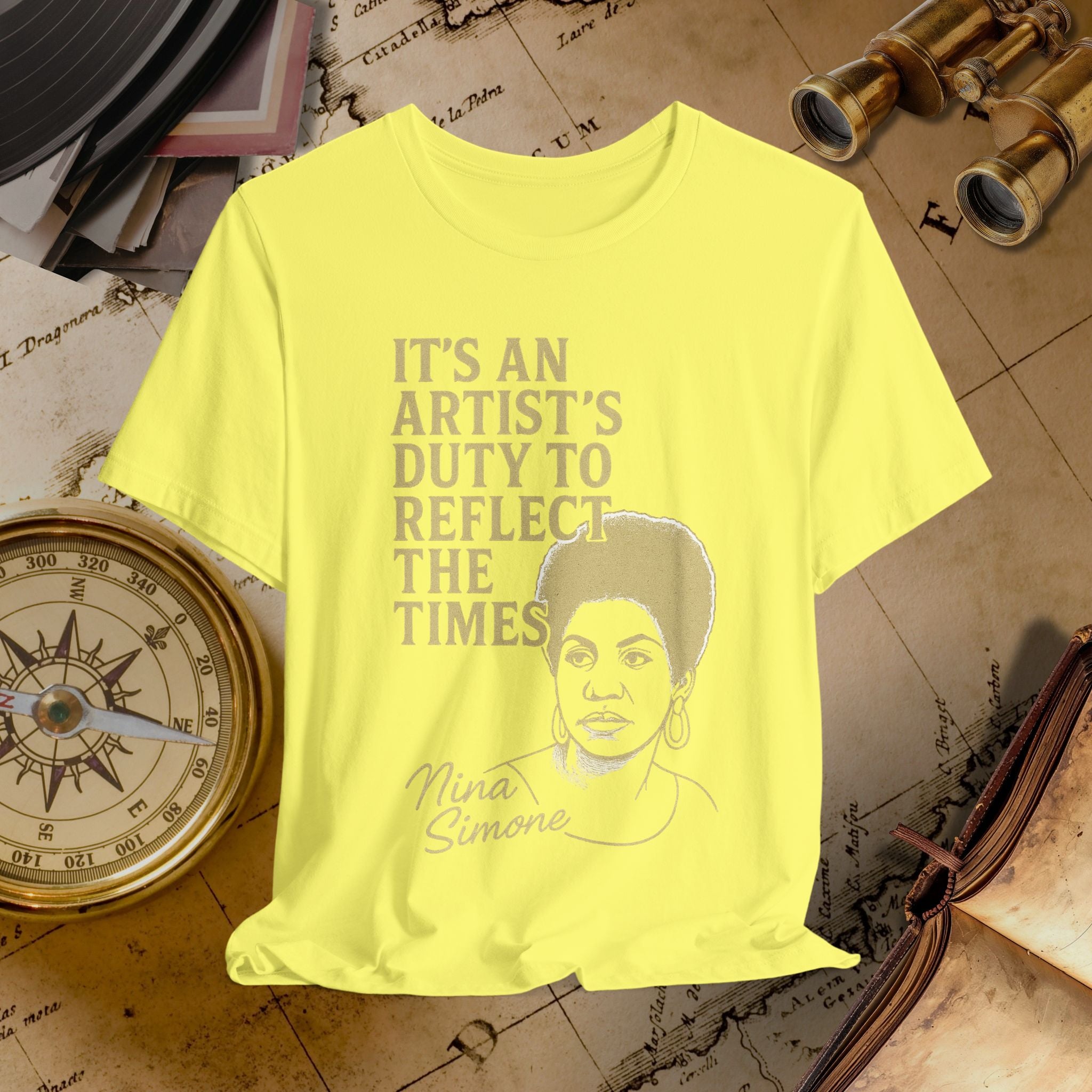 Yellow t-shirt with text and graphic on a vintage background