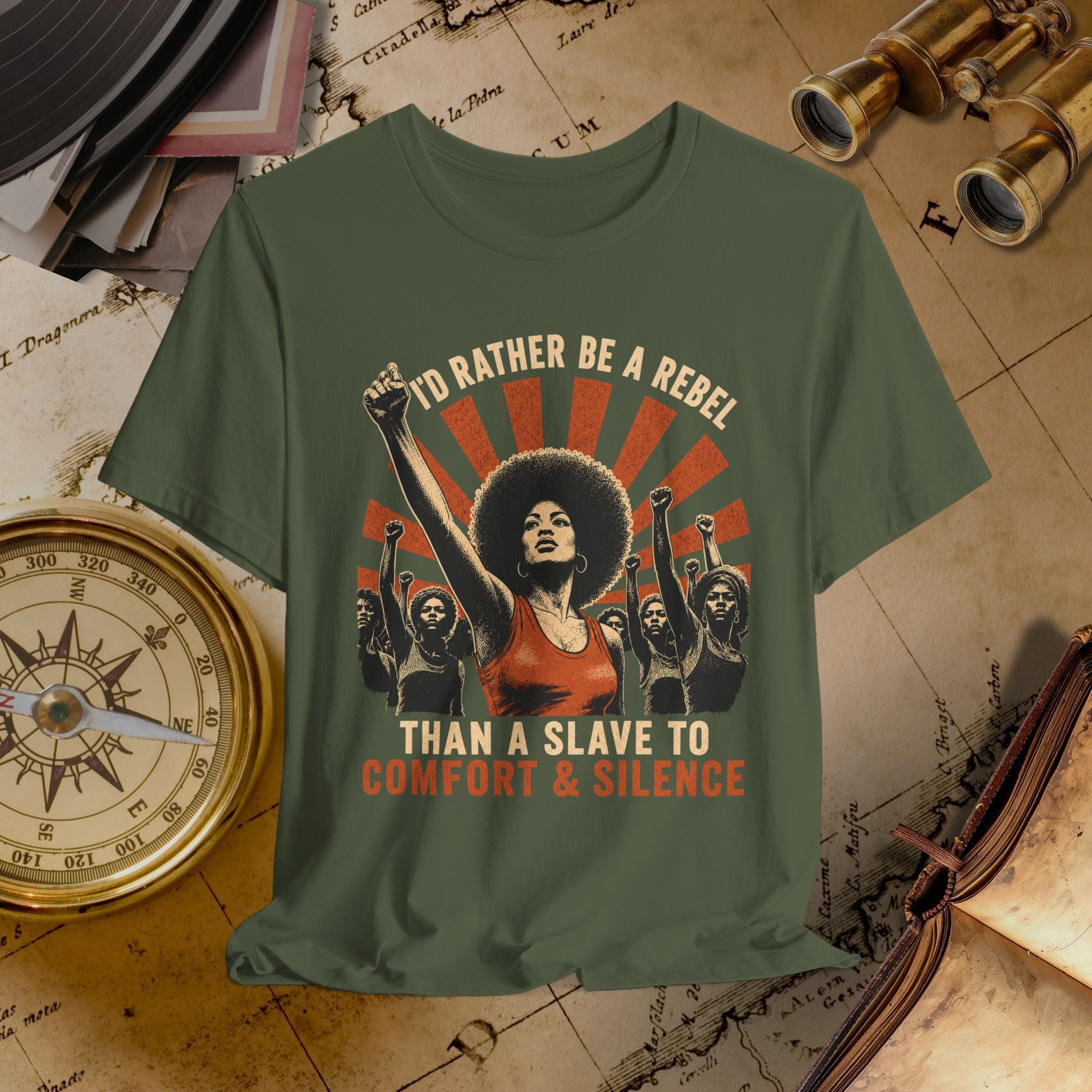 Green t-shirt with graphic design and text on a vintage map background