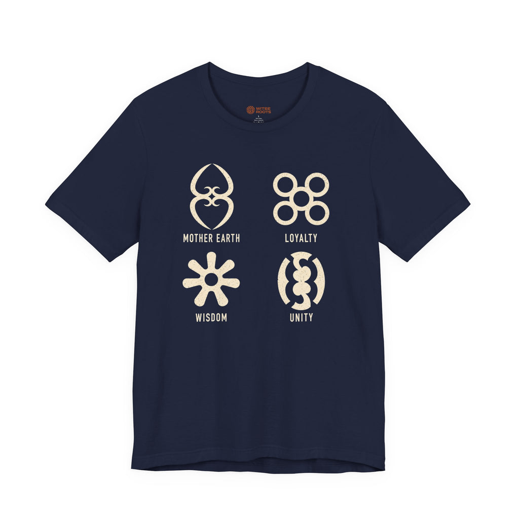 Navy blue t-shirt with white symbols and text on a white background