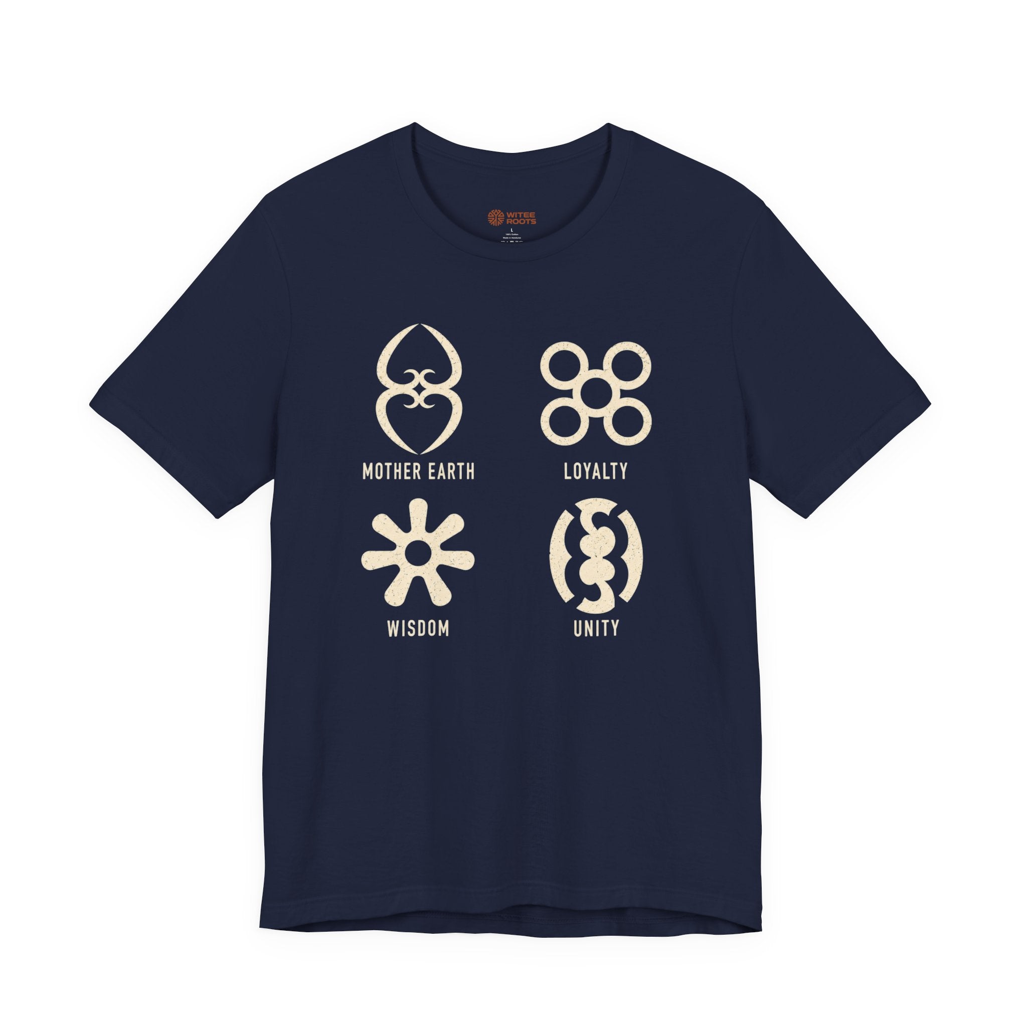 Navy blue t-shirt with white symbols and text on a white background