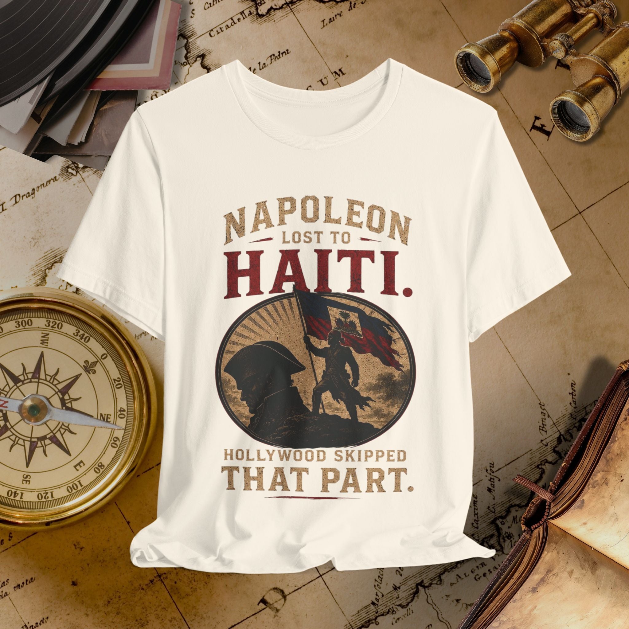 Beige t-shirt with historical graphic and text on a vintage background