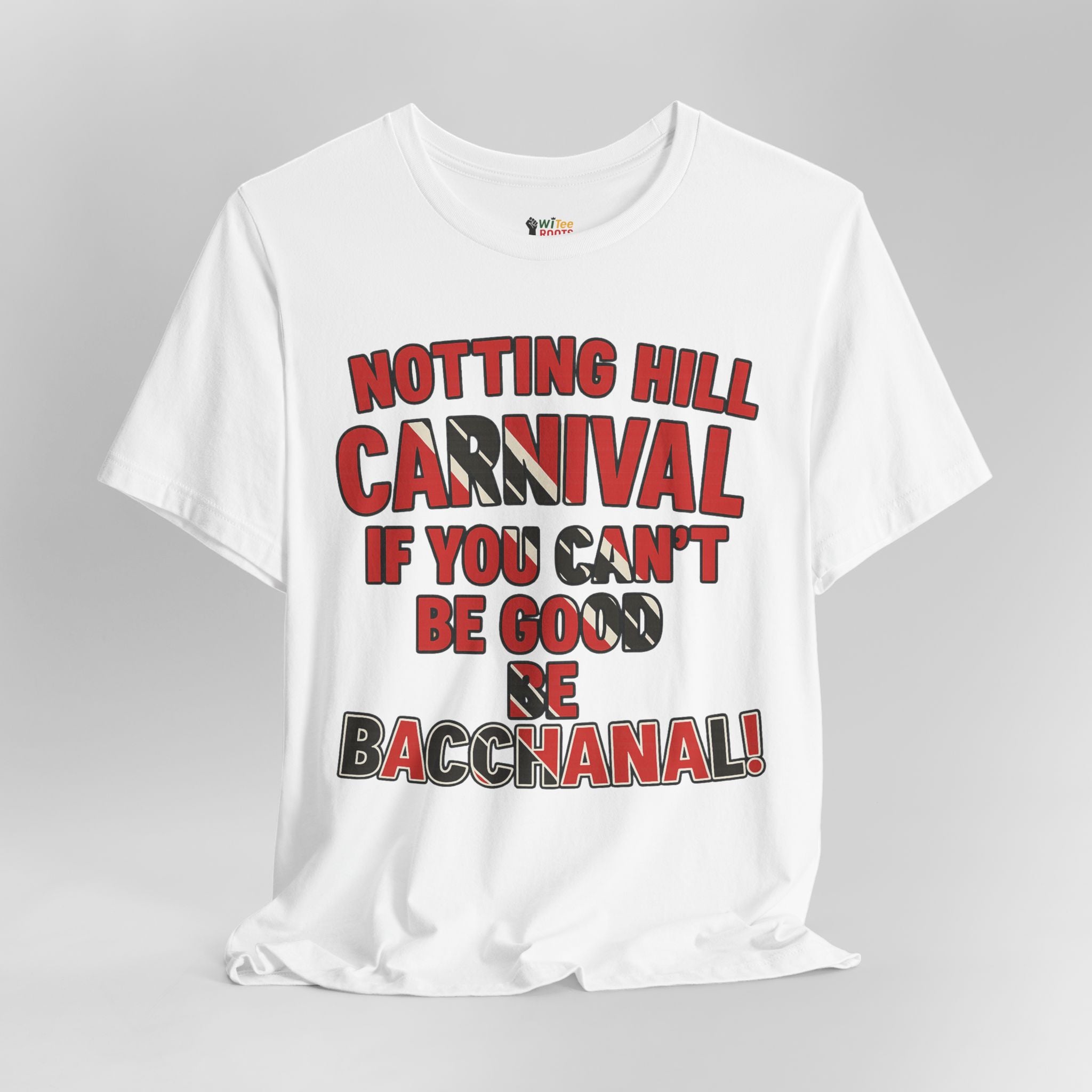 White t-shirt with red and black text on a gray background