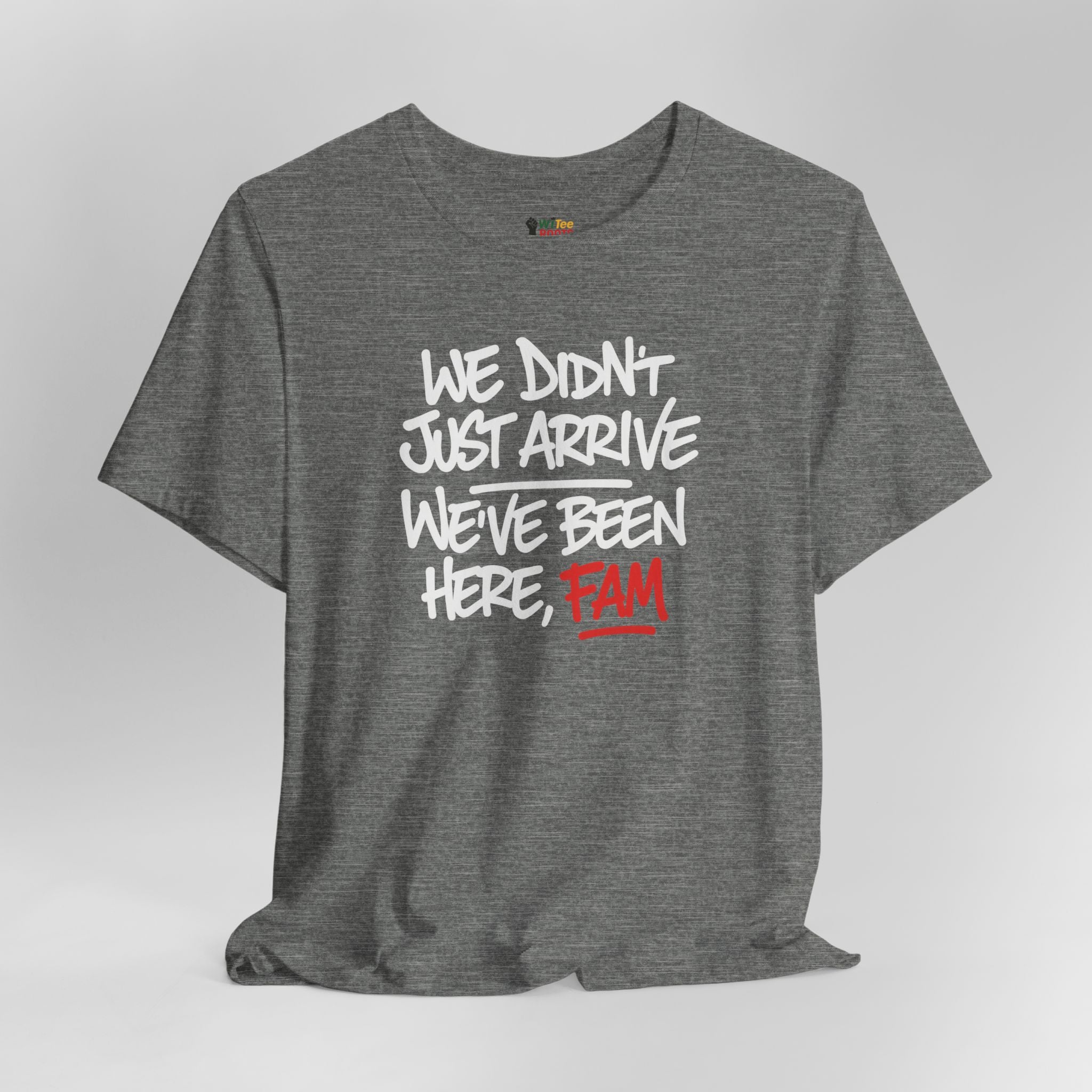 Gray t-shirt with white and red text on a light gray background