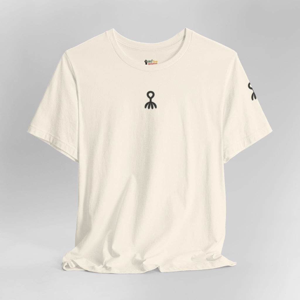 White t-shirt with black logo on a gray background