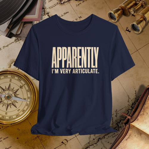 Navy blue t-shirt with 'APPROPRIATELY I'M VERY ARTICULATE' text on a vintage map background.