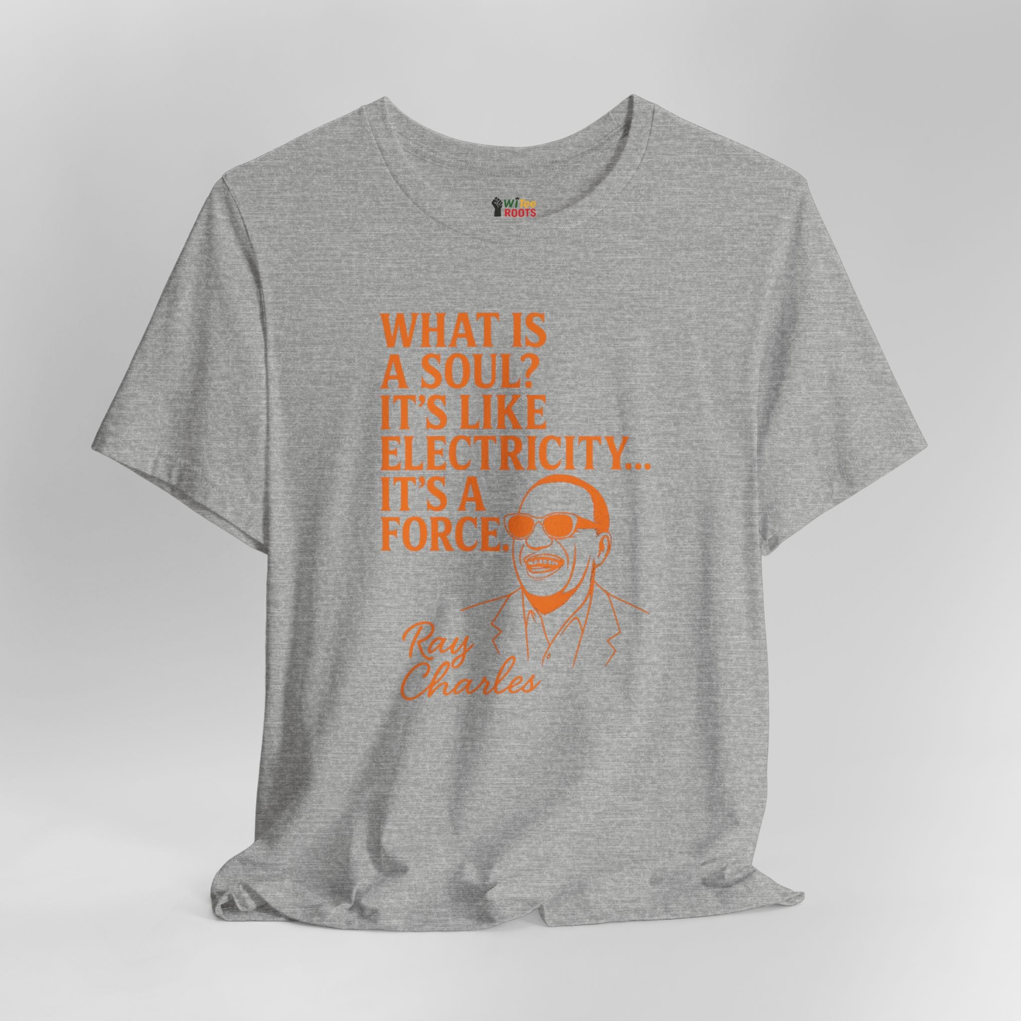 Gray t-shirt with orange text and a graphic of a person on a white background