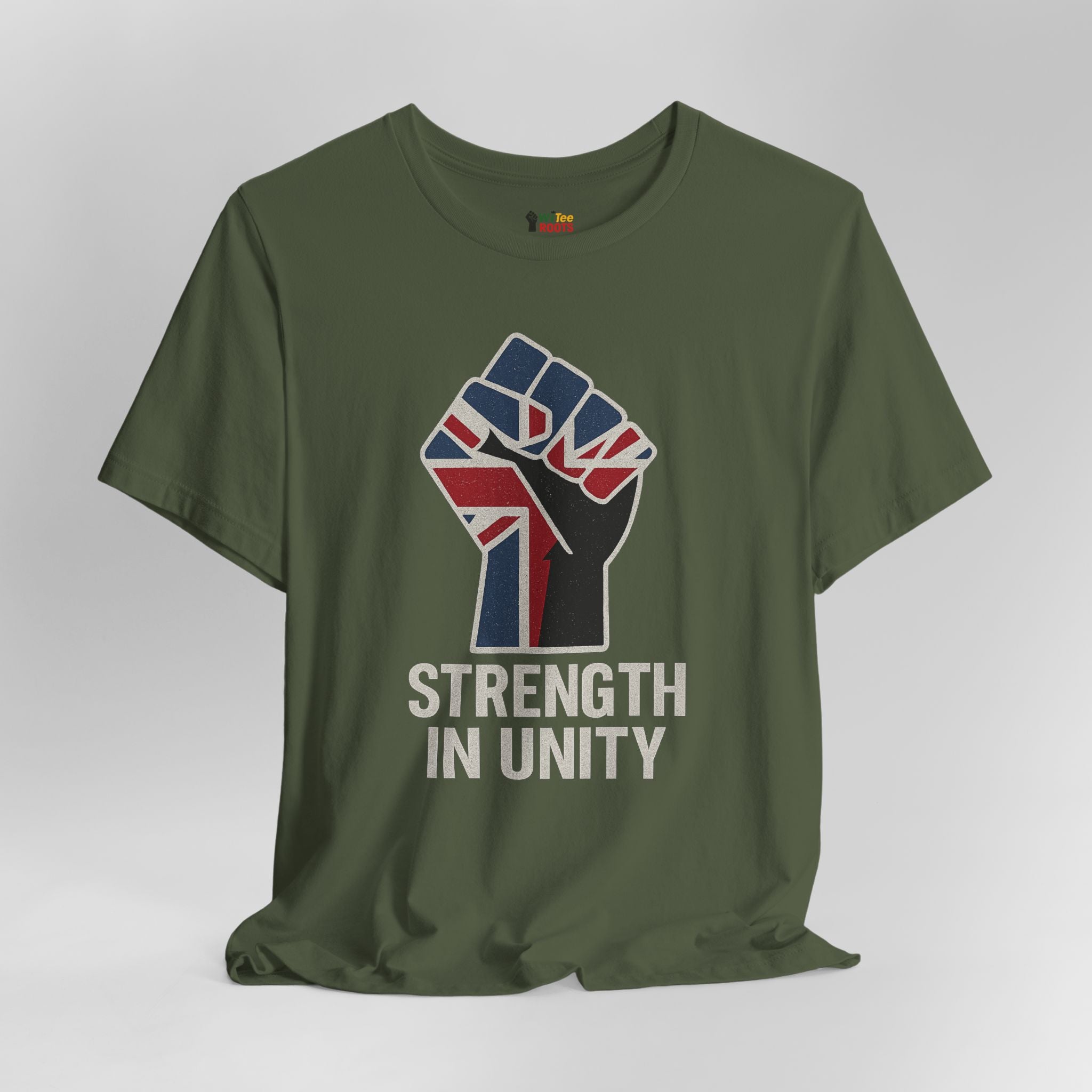 Green t-shirt with a fist holding the Union Jack and 'Strength in Unity' text on a gray background