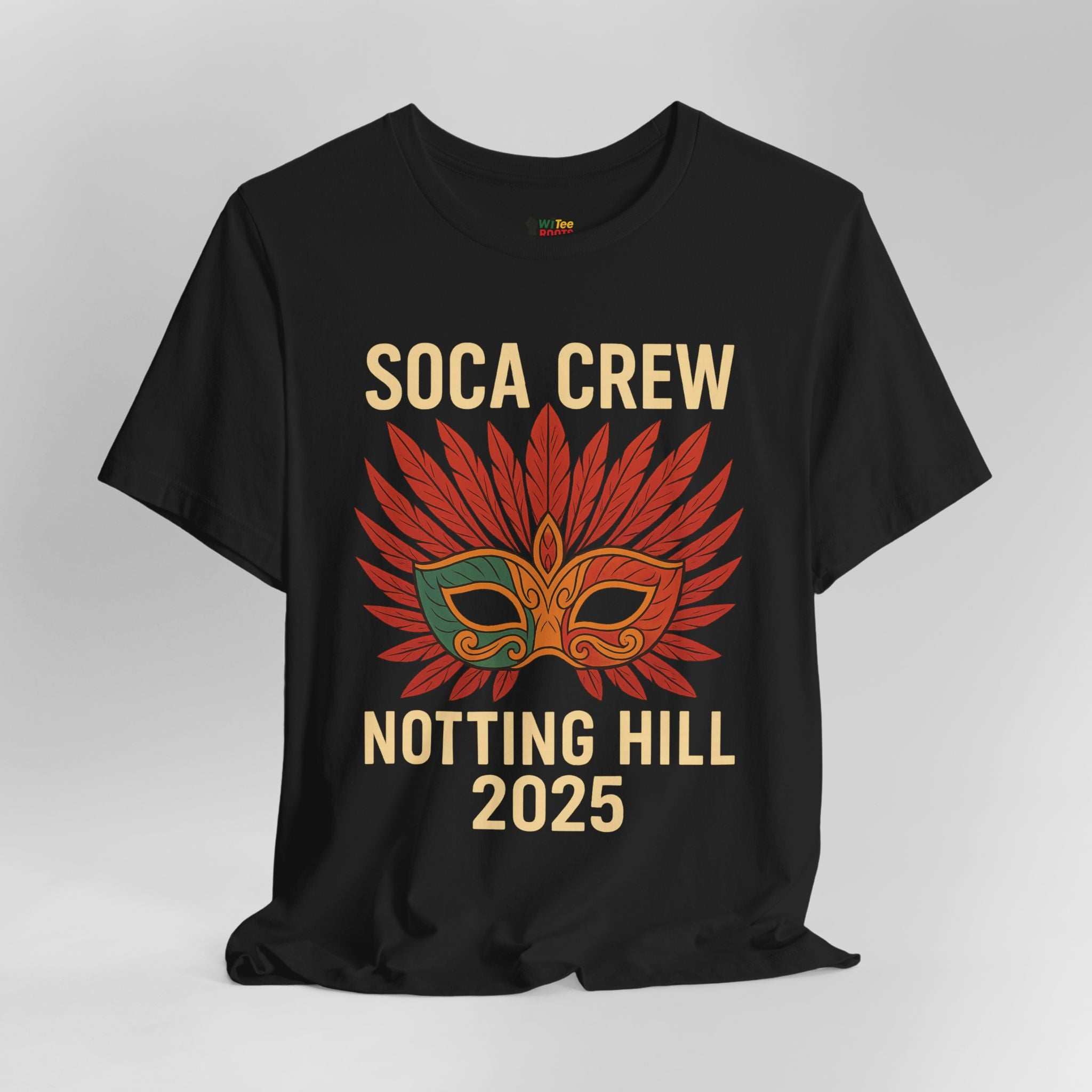 Black t-shirt with 'Soca Crew Notting Hill 2025' design featuring a mask on a gray background