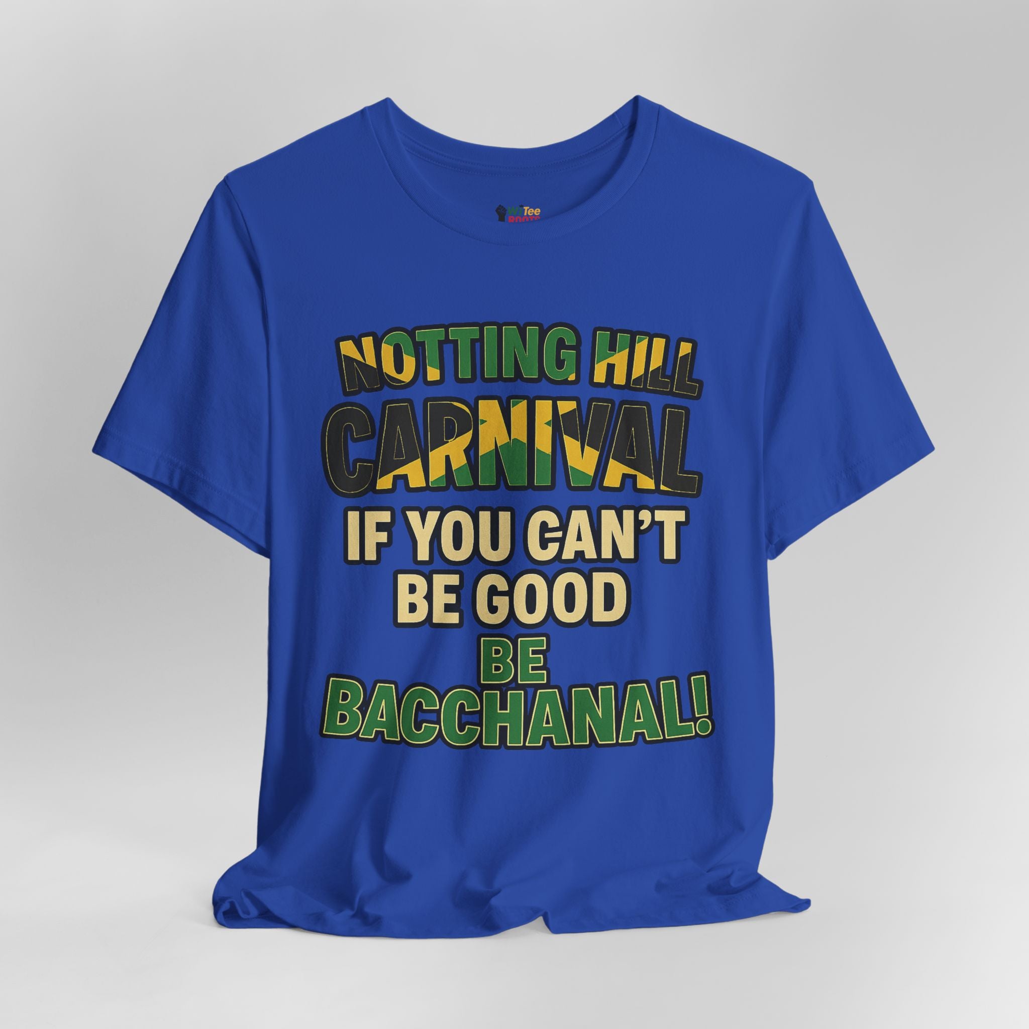 Blue t-shirt with colorful text on a gray background