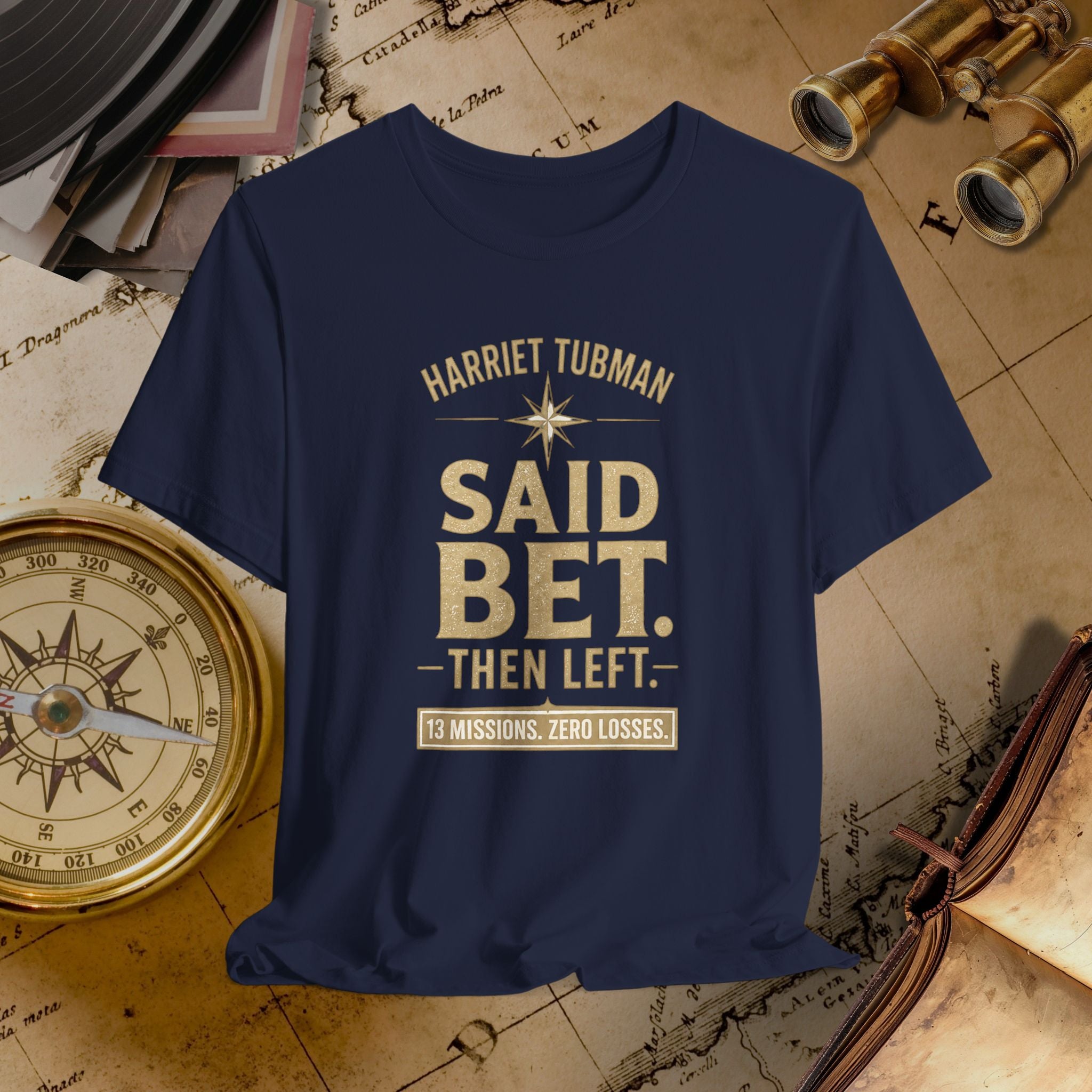 Navy blue t-shirt with text on a vintage map background