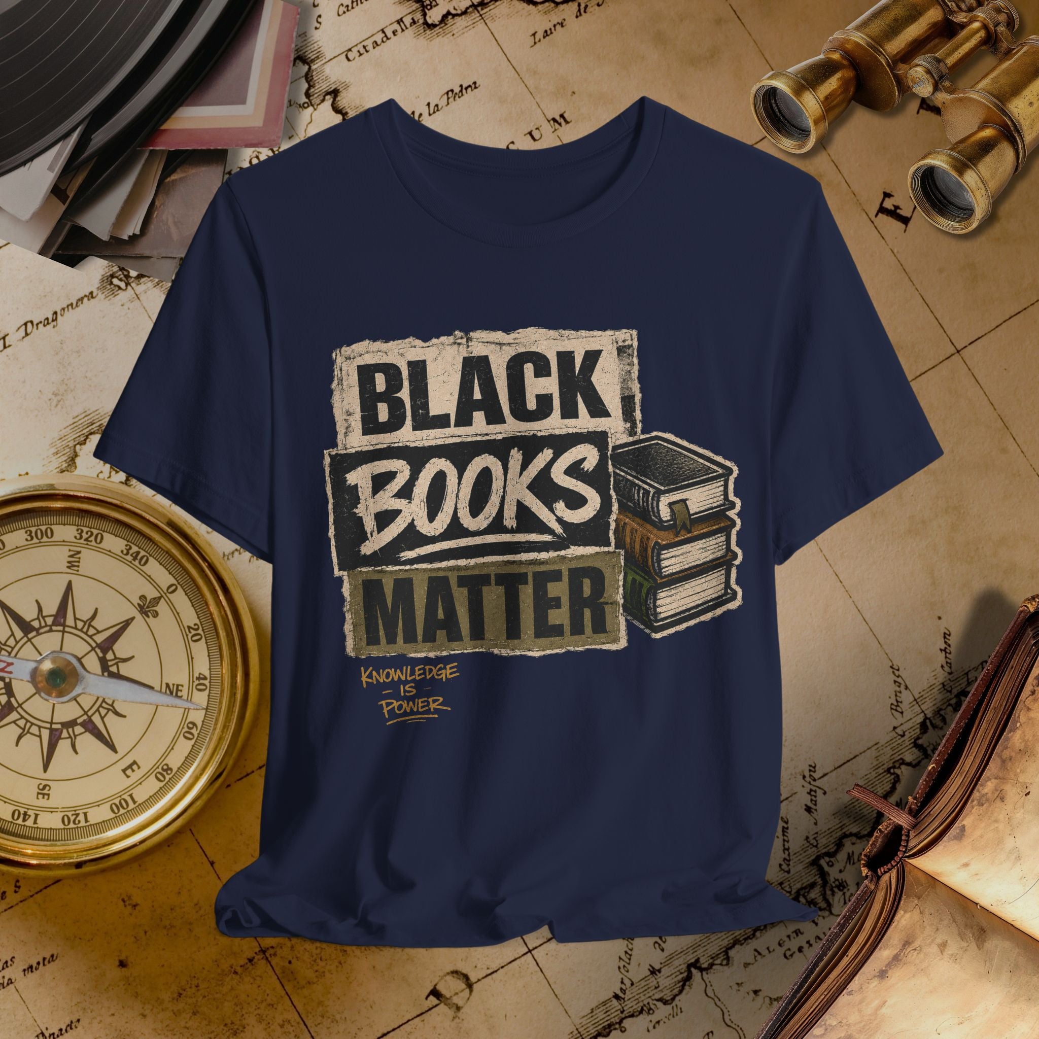 Navy blue t-shirt with 'Black Books Matter' graphic on a vintage map background