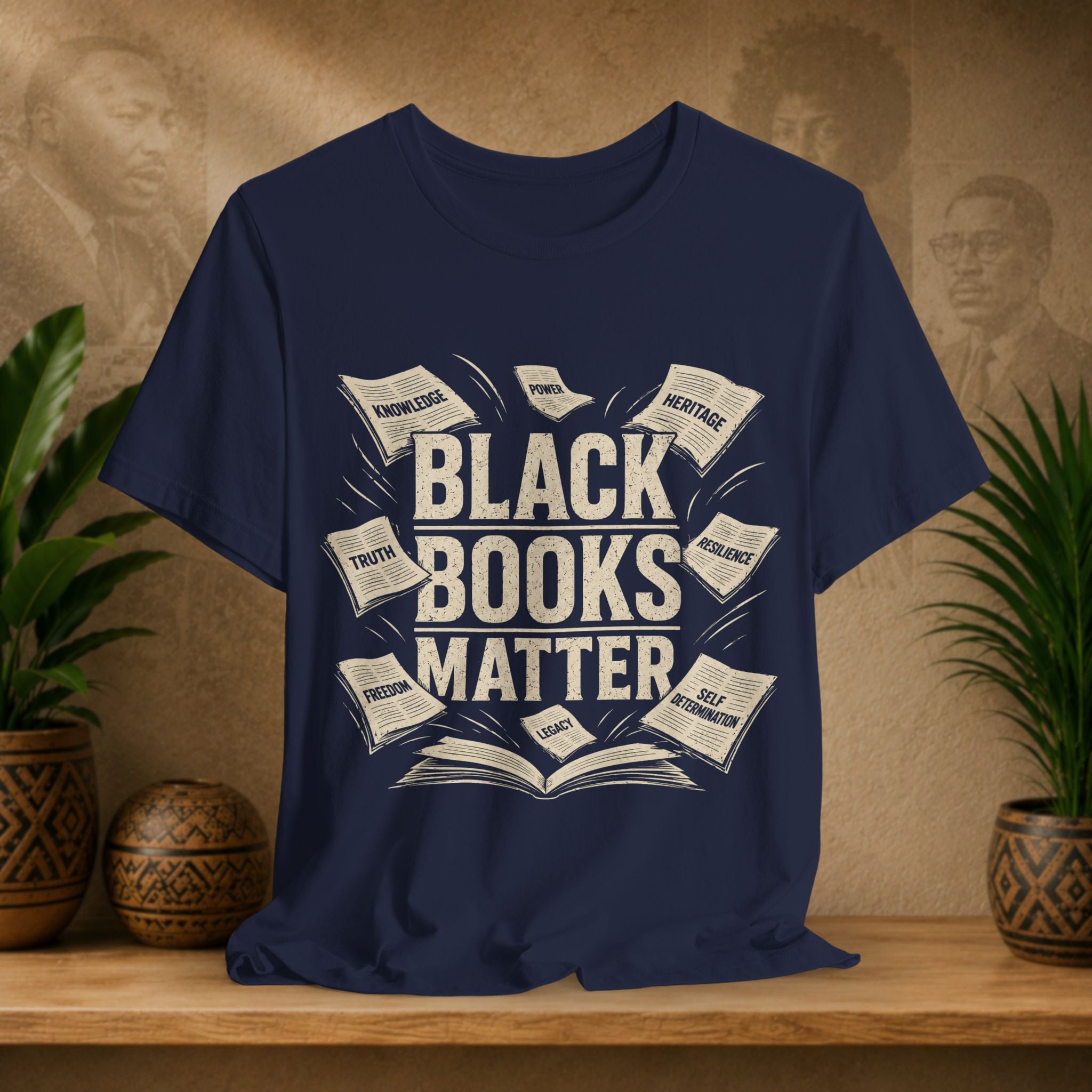 Navy blue t-shirt with 'Black Books Matter' design on a wooden surface with plants and a textured wall background.